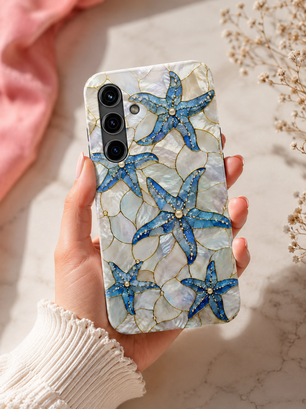Blue Starfish Faux Stained Glass Phone Case | Coastal Aesthetic iPhone & Samsung Case | Beachy Ocean Case | Mosaic Coastal Protective Phone Cover