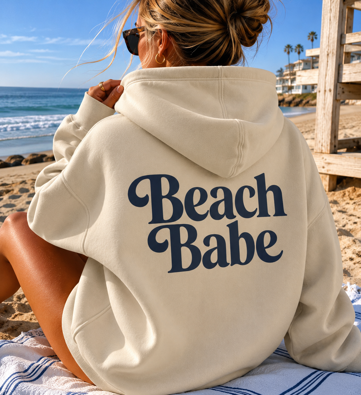 Beach Babe Hoodie | Coastal Retro Oversized Hoodie for Women | Trendy Beach Graphic Pullover Sweatshirt