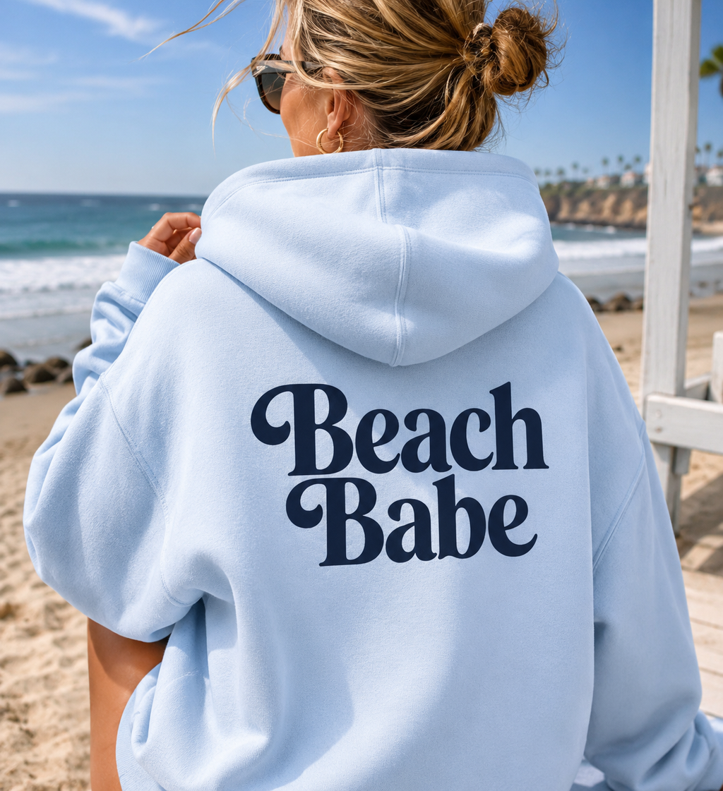 Beach Babe Hoodie | Coastal Retro Oversized Hoodie for Women | Trendy Beach Graphic Pullover Sweatshirt