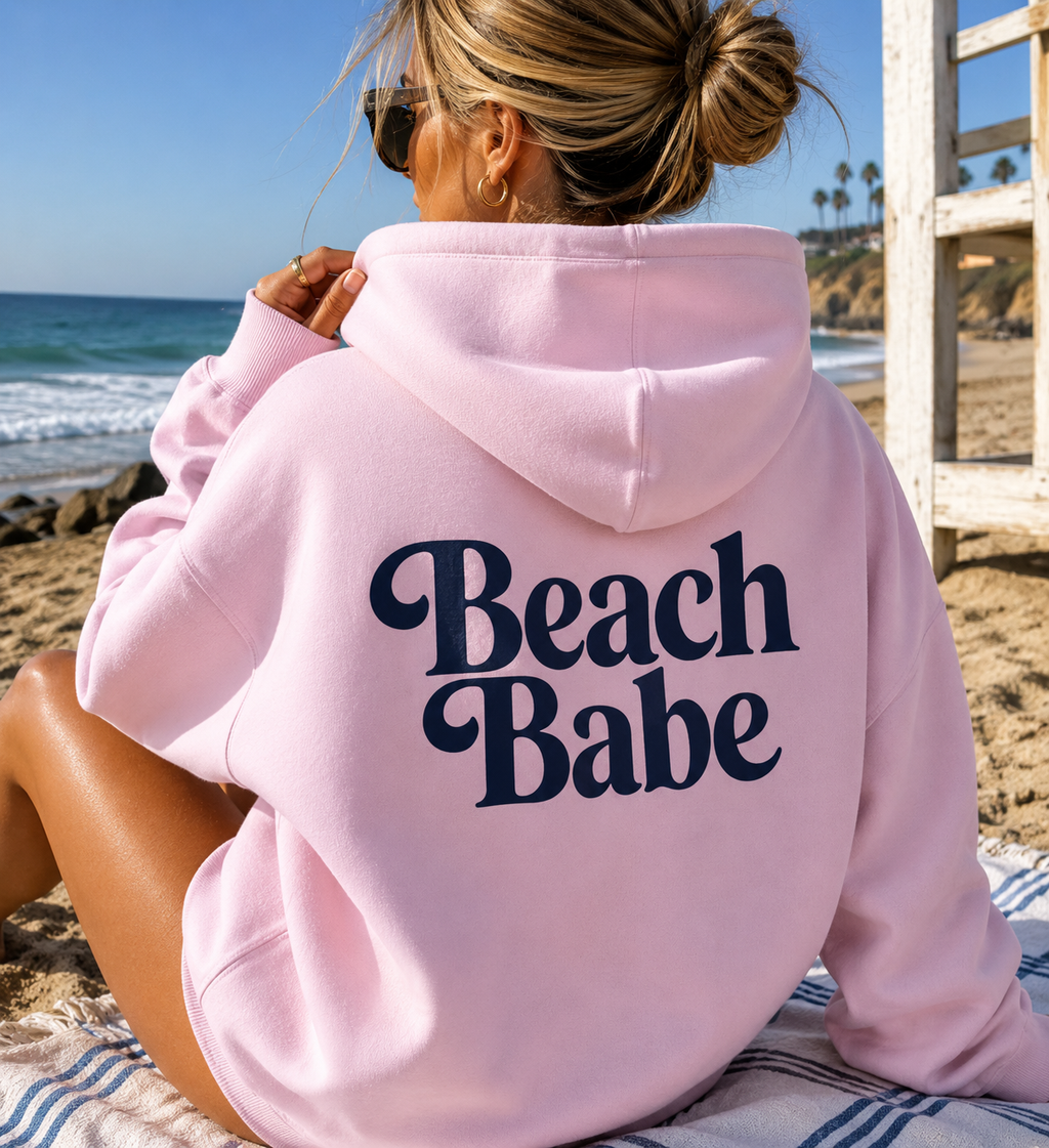 Beach Babe Hoodie | Coastal Retro Oversized Hoodie for Women | Trendy Beach Graphic Pullover Sweatshirt