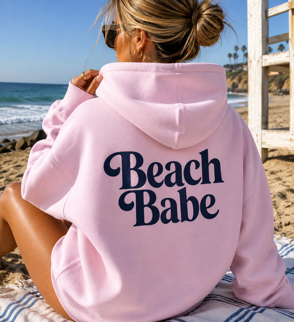 Beach Babe Hoodie | Coastal Retro Oversized Hoodie for Women | Trendy Beach Graphic Pullover Sweatshirt