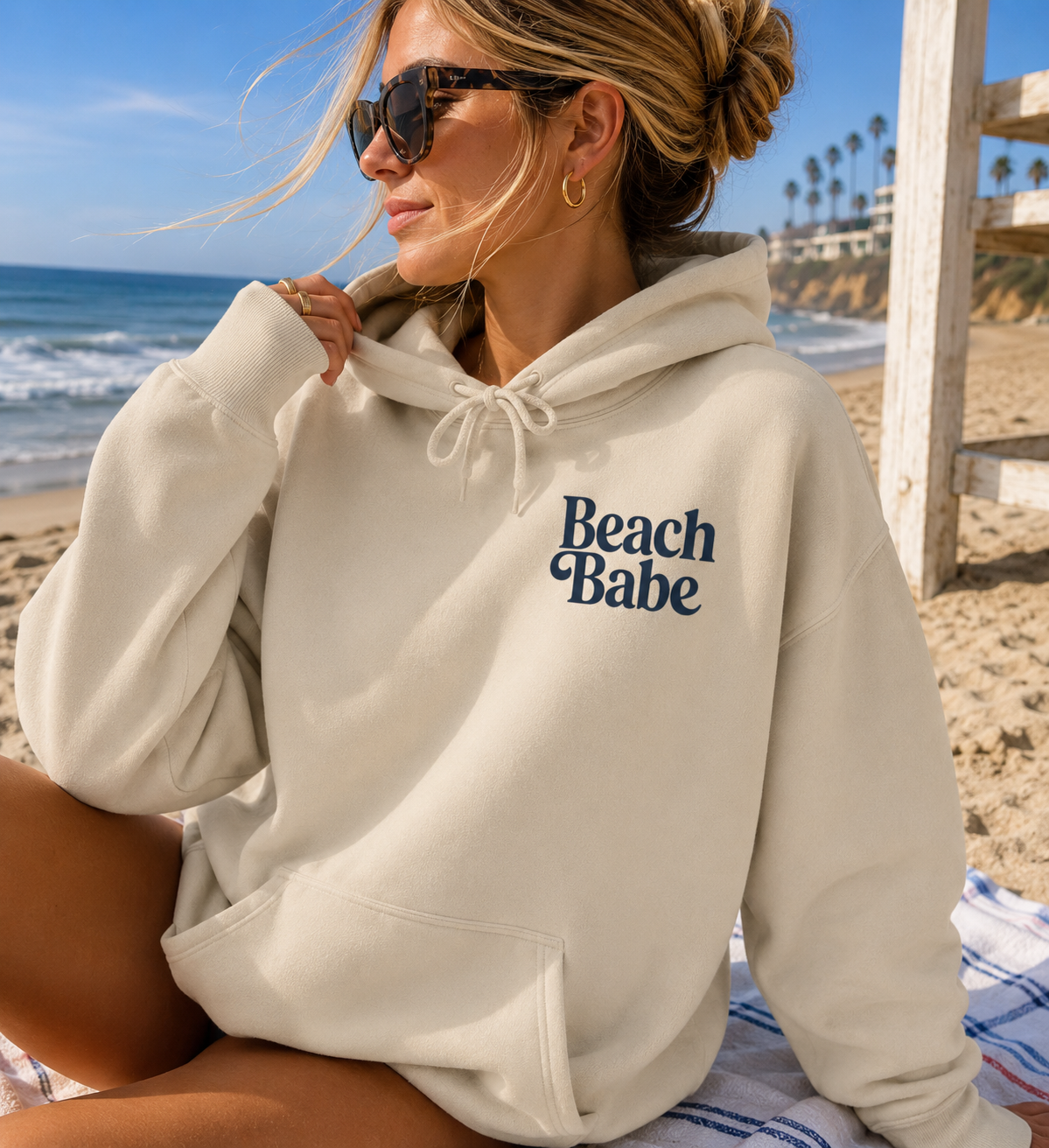 Beach Babe Hoodie | Coastal Retro Oversized Hoodie for Women | Trendy Beach Graphic Pullover Sweatshirt