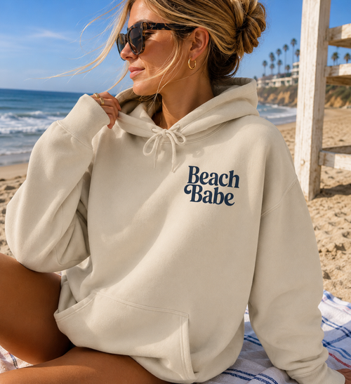 Beach Babe Hoodie | Coastal Retro Oversized Hoodie for Women | Trendy Beach Graphic Pullover Sweatshirt