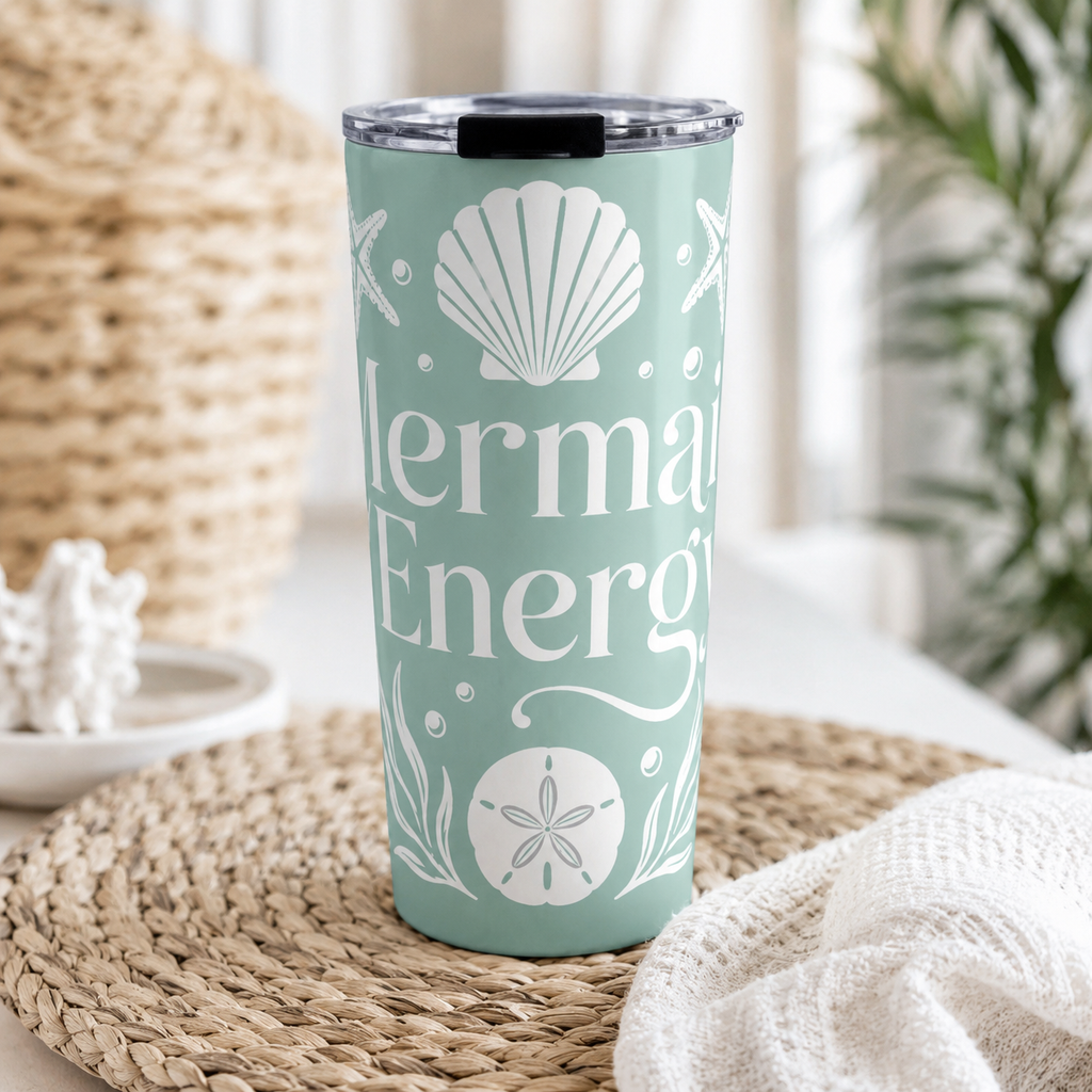 Mermaid Energy Tumbler 20oz | Beachy Seafoam Stainless Steel Cup | Coastal Mermaid Travel Mug | Ocean Lover Gift | Summer Beach Drinkware