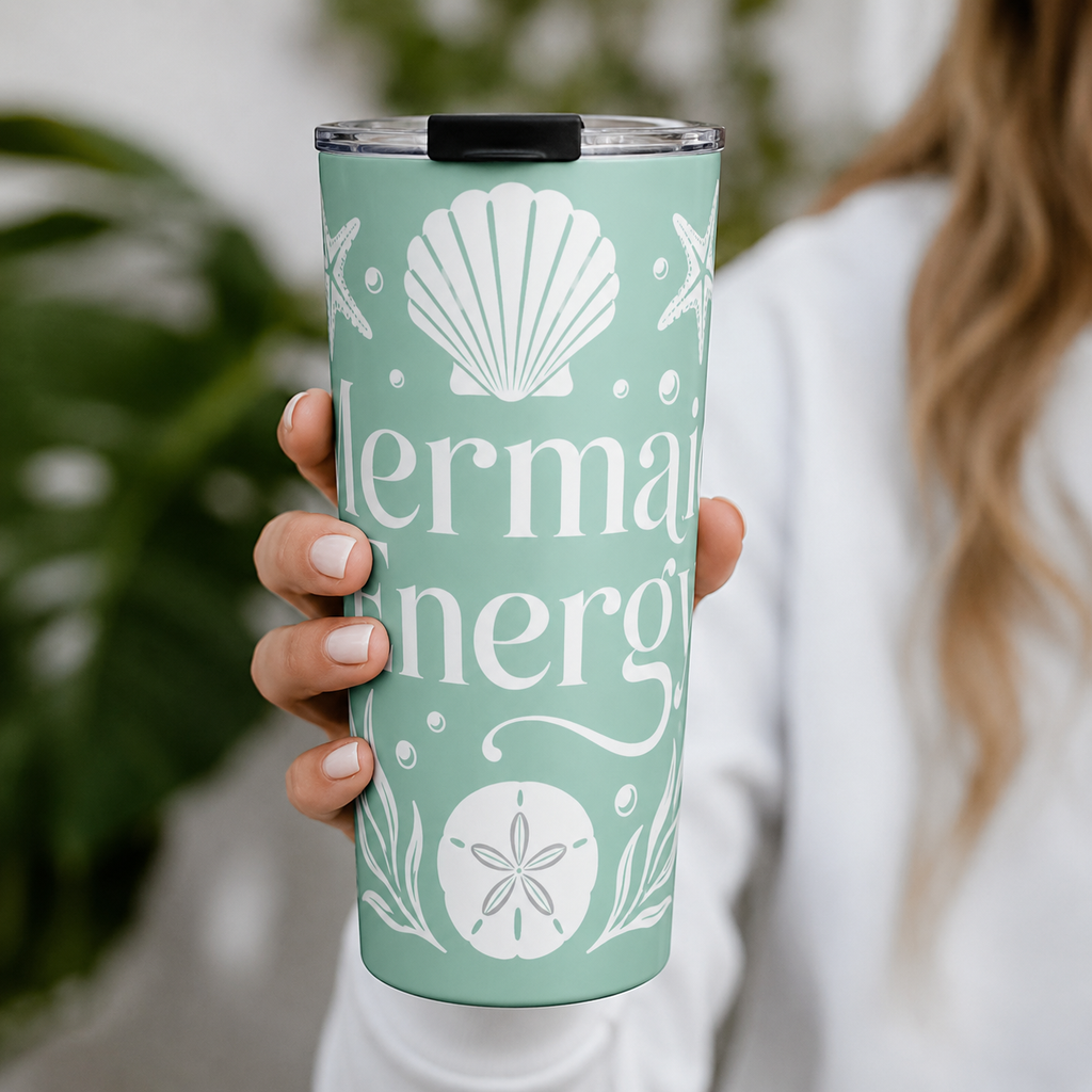 Mermaid Energy Tumbler 20oz | Beachy Seafoam Stainless Steel Cup | Coastal Mermaid Travel Mug | Ocean Lover Gift | Summer Beach Drinkware