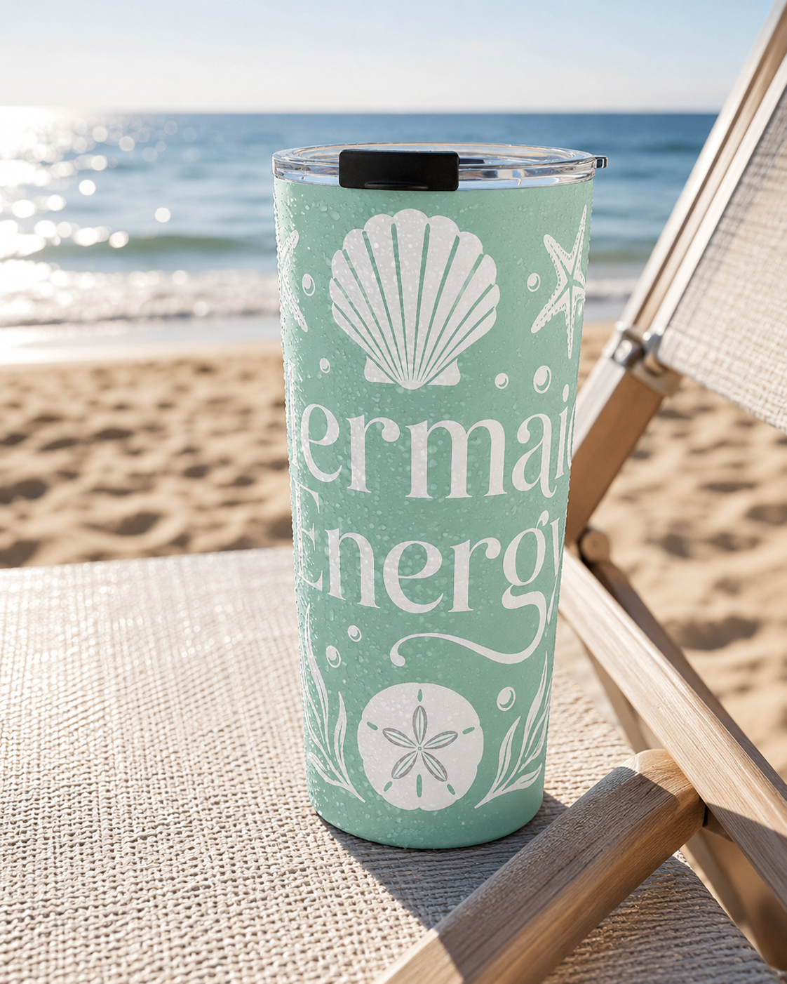 Mermaid Energy Tumbler 20oz | Beachy Seafoam Stainless Steel Cup | Coastal Mermaid Travel Mug | Ocean Lover Gift | Summer Beach Drinkware