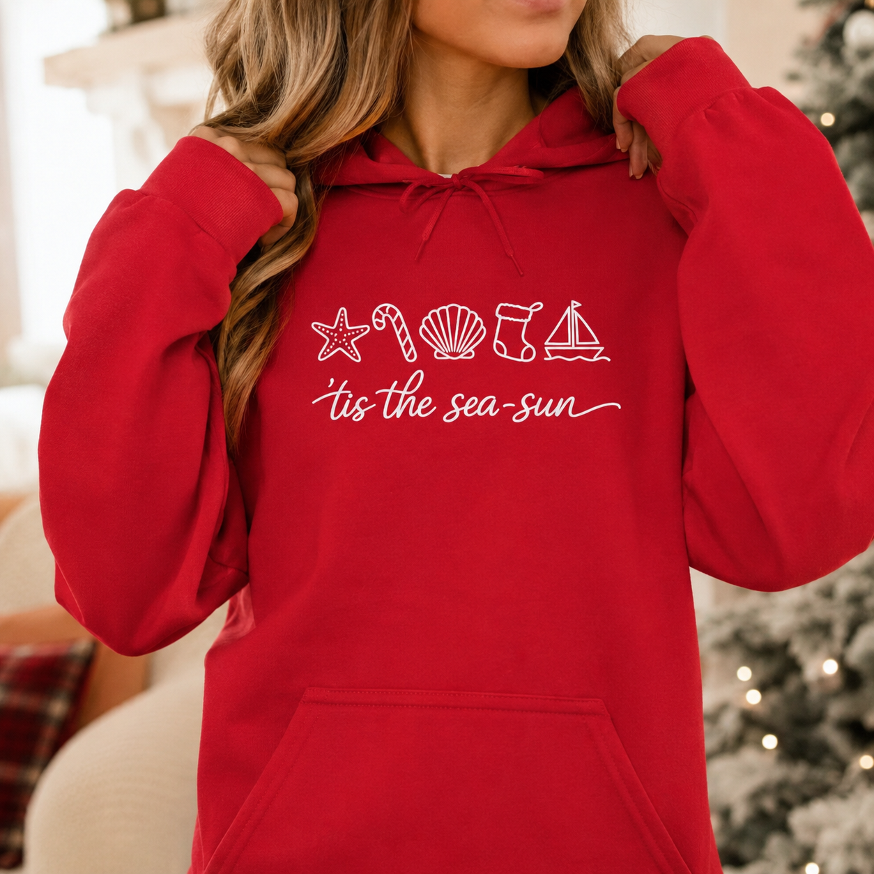 Christmas Beach Hoodie | ‘Tis the Sea-Sun Coastal Holiday Hoodie | Beach Christmas Sweatshirt | Cute Nautical Winter Pullover Gift for Women