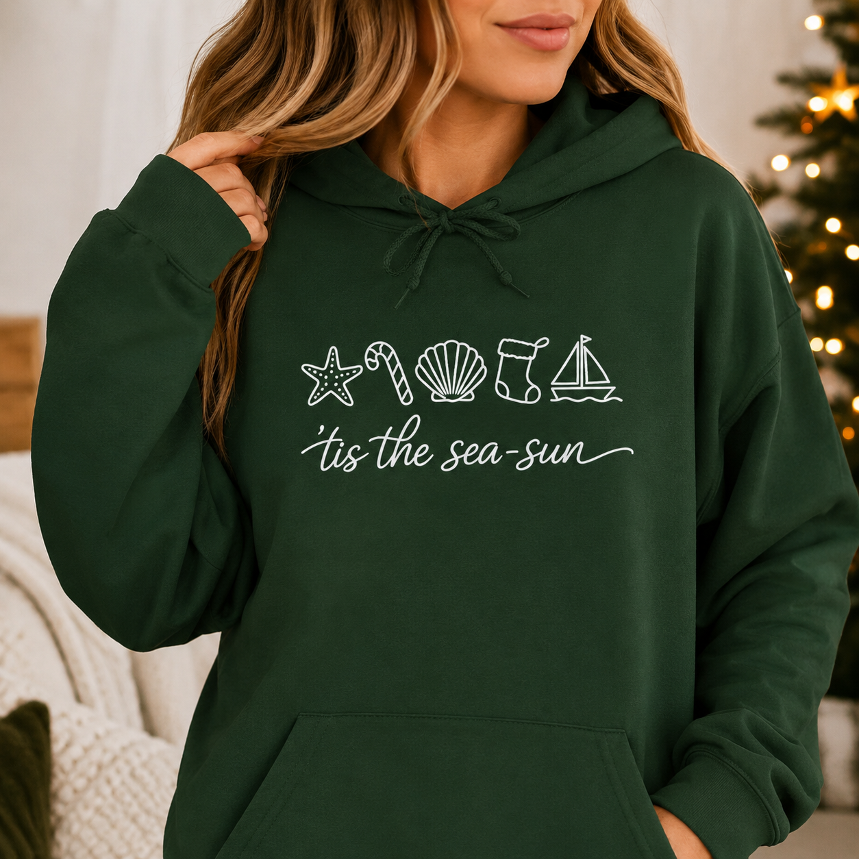 Christmas Beach Hoodie | ‘Tis the Sea-Sun Coastal Holiday Hoodie | Beach Christmas Sweatshirt | Cute Nautical Winter Pullover Gift for Women