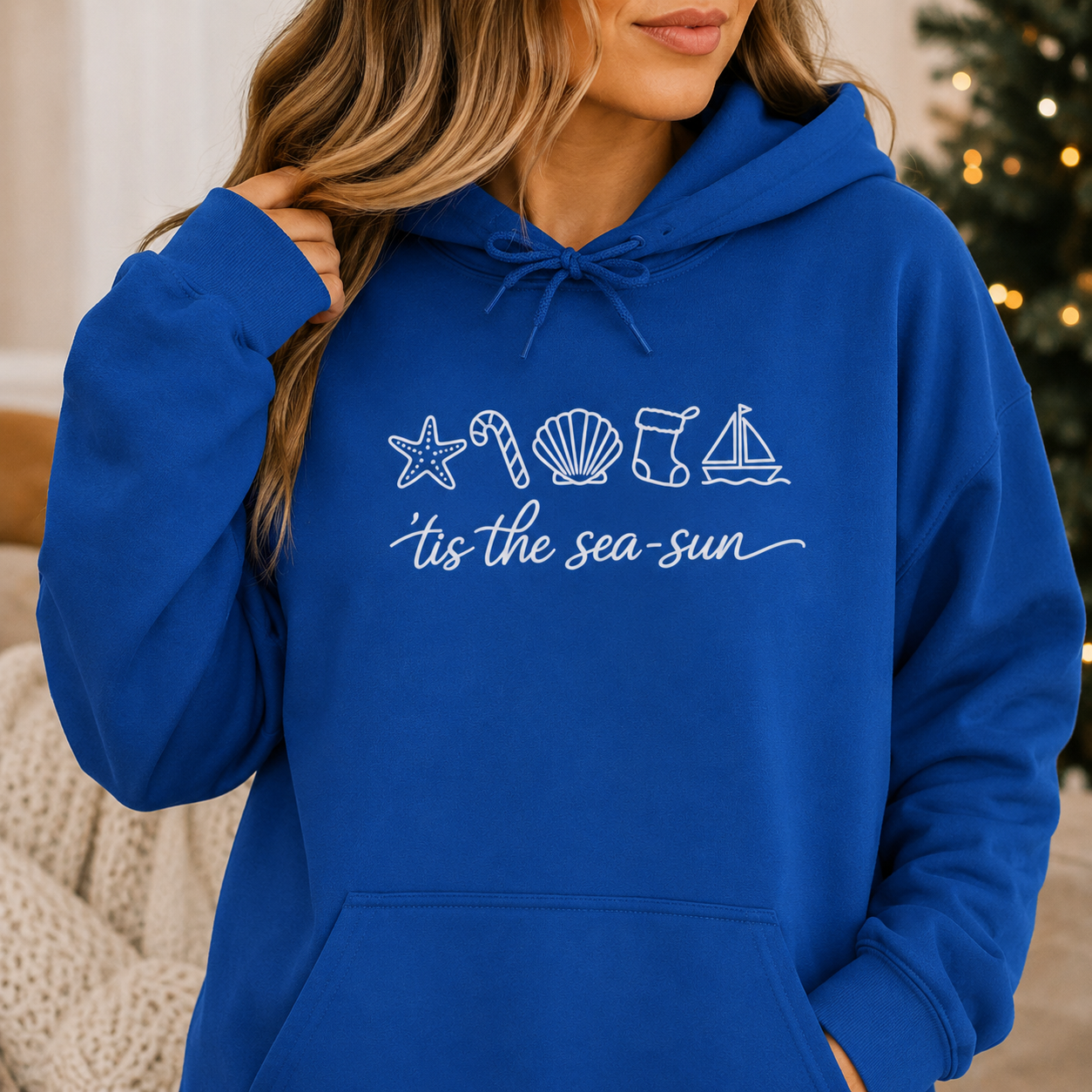 Christmas Beach Hoodie | ‘Tis the Sea-Sun Coastal Holiday Hoodie | Beach Christmas Sweatshirt | Cute Nautical Winter Pullover Gift for Women