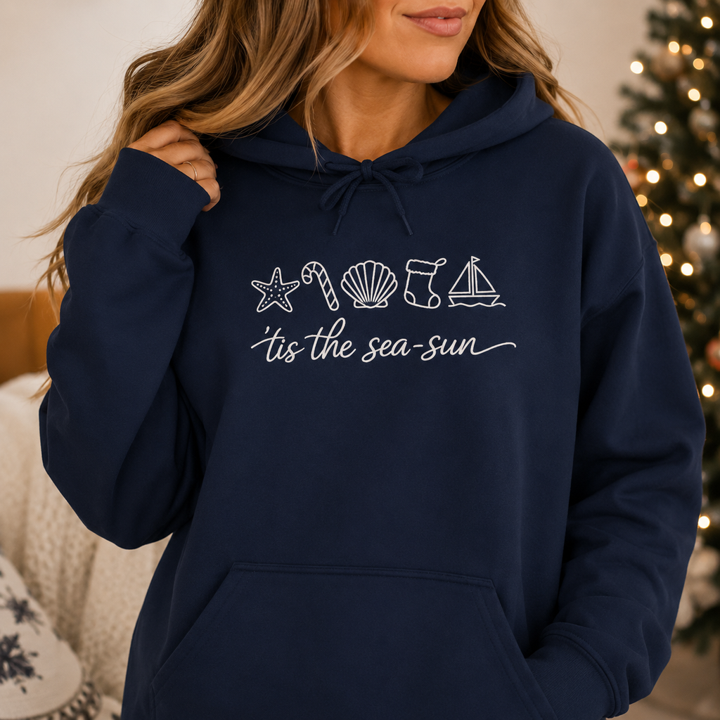 Christmas Beach Hoodie | ‘Tis the Sea-Sun Coastal Holiday Hoodie | Beach Christmas Sweatshirt | Cute Nautical Winter Pullover Gift for Women
