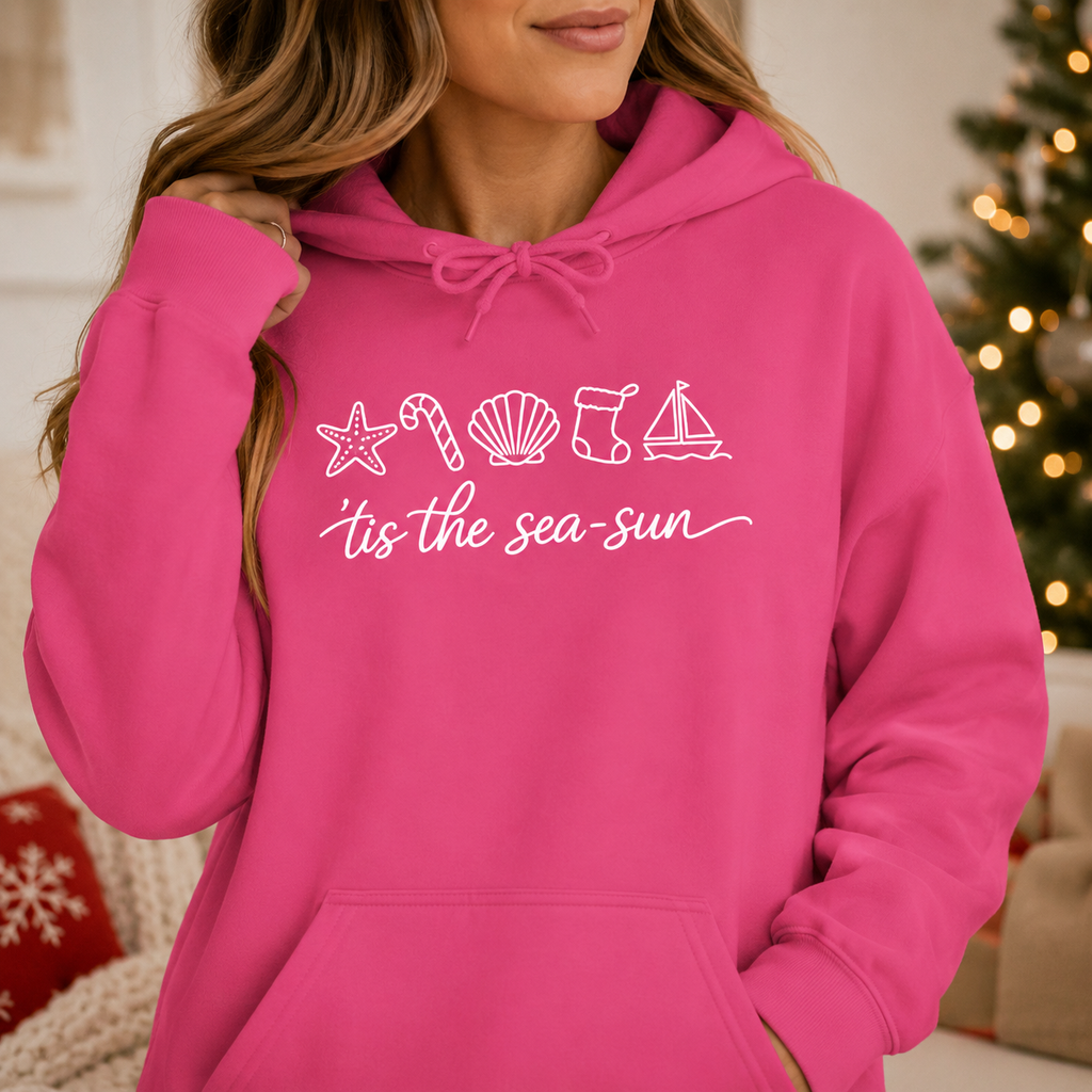 Christmas Beach Hoodie | ‘Tis the Sea-Sun Coastal Holiday Hoodie | Beach Christmas Sweatshirt | Cute Nautical Winter Pullover Gift for Women