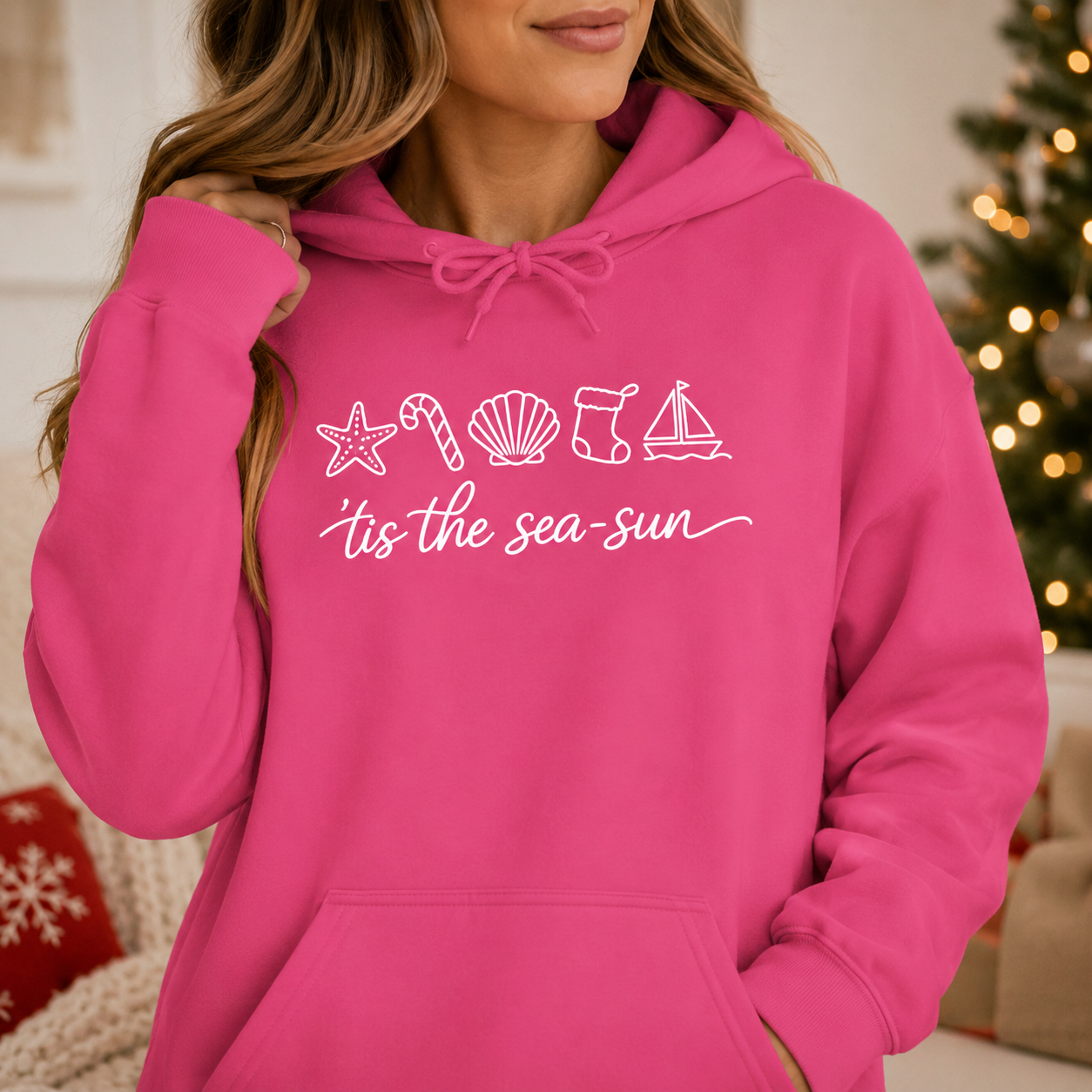 Christmas Beach Hoodie | ‘Tis the Sea-Sun Coastal Holiday Hoodie | Beach Christmas Sweatshirt | Cute Nautical Winter Pullover Gift for Women
