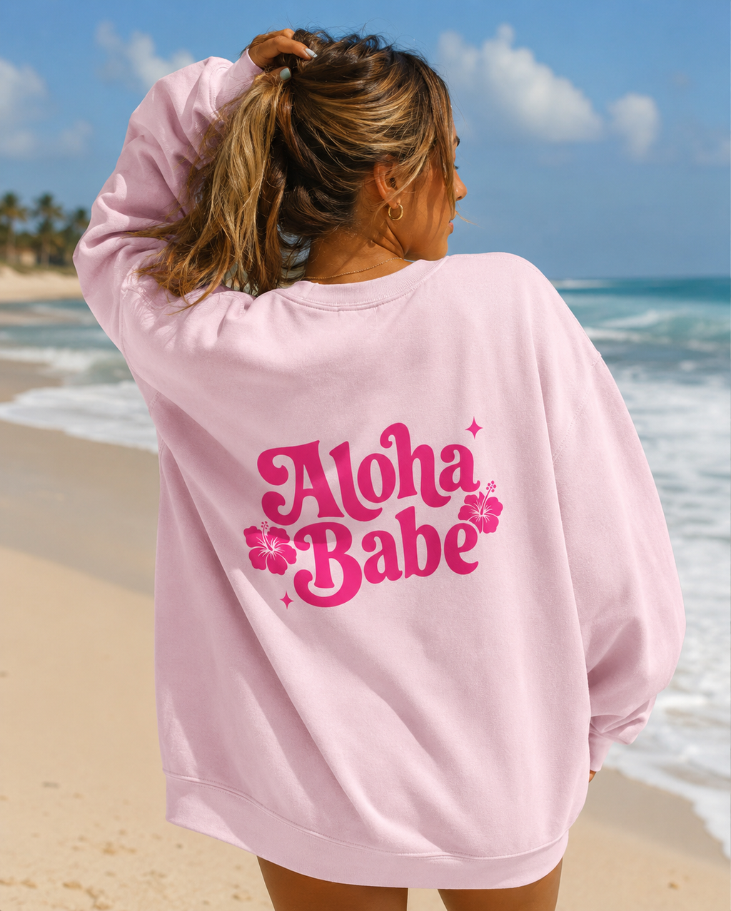 Aloha Babe Sweatshirt | Retro Beach Crewneck Pullover | Pink Hawaiian Sweatshirt | Trendy Coastal Summer Sweatshirt Gift