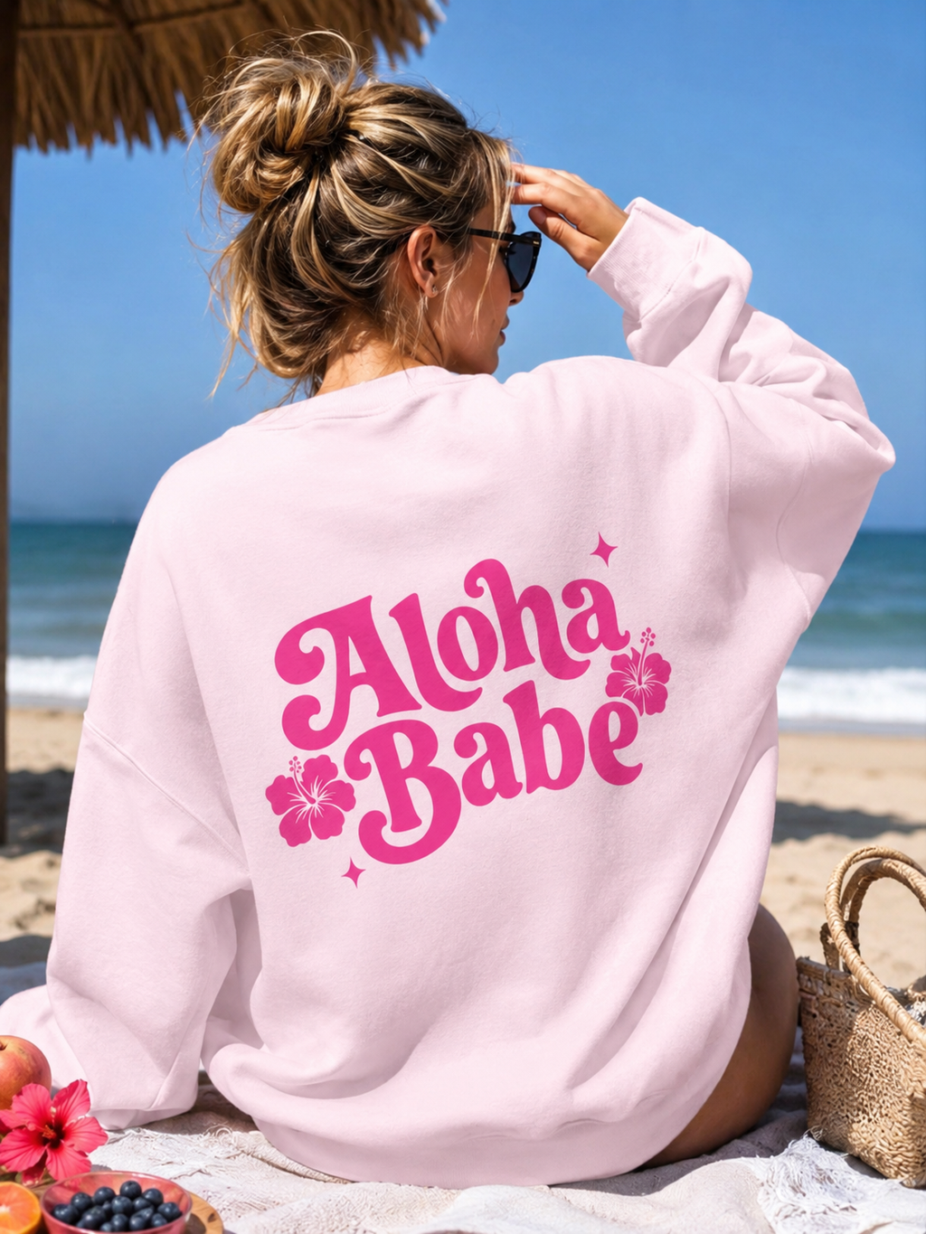 Aloha Babe Sweatshirt | Retro Beach Crewneck Pullover | Pink Hawaiian Sweatshirt | Trendy Coastal Summer Sweatshirt Gift