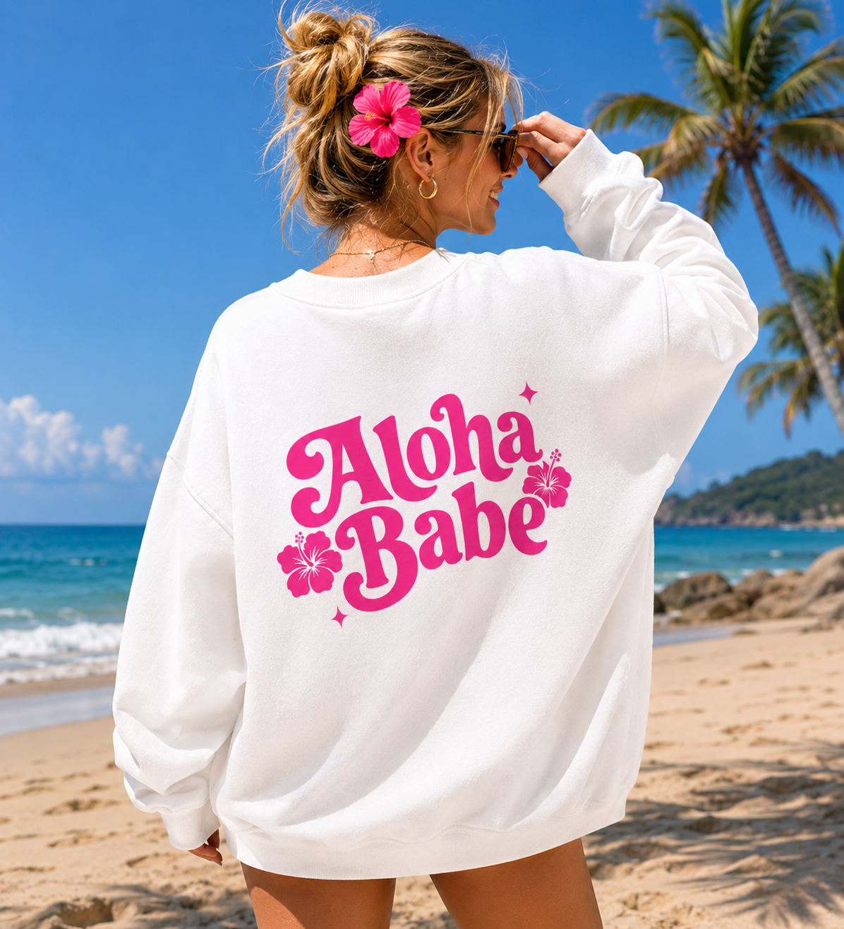 Aloha Babe Sweatshirt | Retro Beach Crewneck Pullover | Pink Hawaiian Sweatshirt | Trendy Coastal Summer Sweatshirt Gift