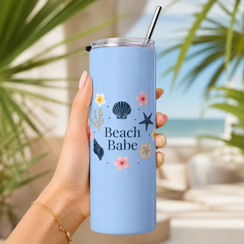 Beach Babe 20oz Skinny Tumbler | Coastal Summer Tumbler with Plumeria Flowers | Beachy Aesthetic Stainless Steel Cup