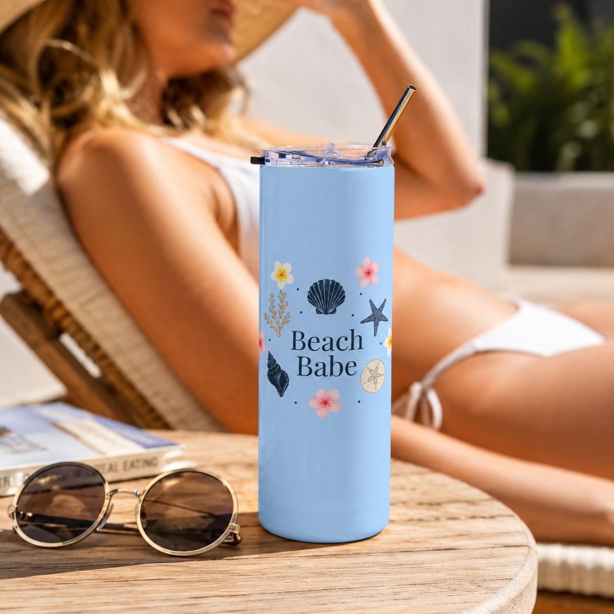 Beach Babe 20oz Skinny Tumbler | Coastal Summer Tumbler with Plumeria Flowers | Beachy Aesthetic Stainless Steel Cup