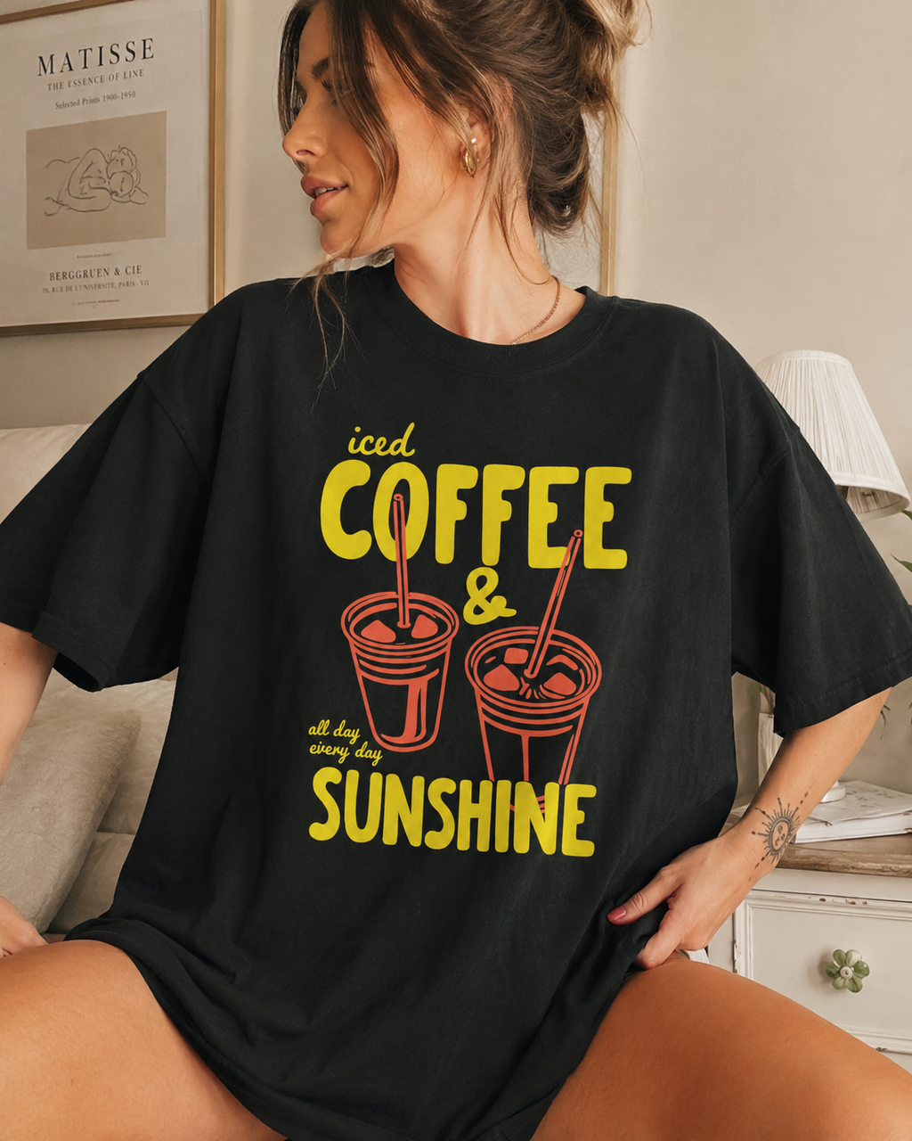 Iced Coffee & Sunshine Graphic Tee | Trendy Retro Coffee Lover Shirt | Summer Aesthetic T-Shirt