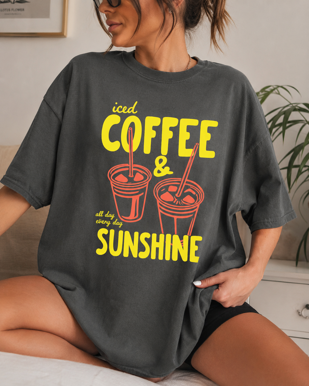 Iced Coffee & Sunshine Graphic Tee | Trendy Retro Coffee Lover Shirt | Summer Aesthetic T-Shirt