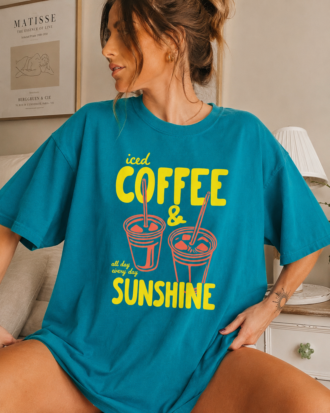 Iced Coffee & Sunshine Graphic Tee | Trendy Retro Coffee Lover Shirt | Summer Aesthetic T-Shirt