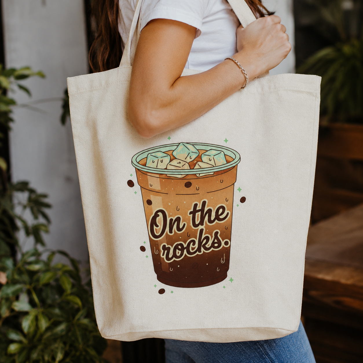 Iced Coffee Canvas Tote Bag | On The Rocks Cute Coffee Lover Tote | Reusable Aesthetic Tote Bag