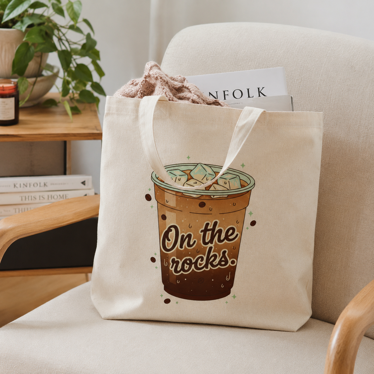 Iced Coffee Canvas Tote Bag | On The Rocks Cute Coffee Lover Tote | Reusable Aesthetic Tote Bag