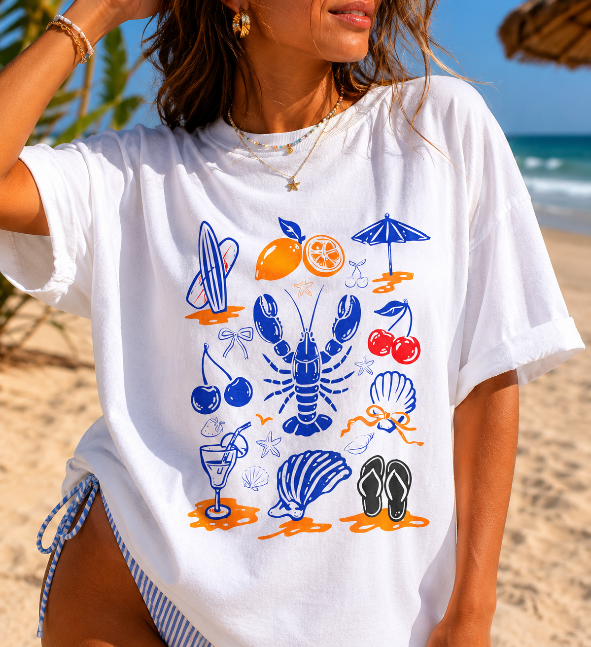 Coastal Lobster Graphic Tee | Beach Shirt for Women | Trendy Summer Vacation T-Shirt | Cute Coastal Aesthetic Tee