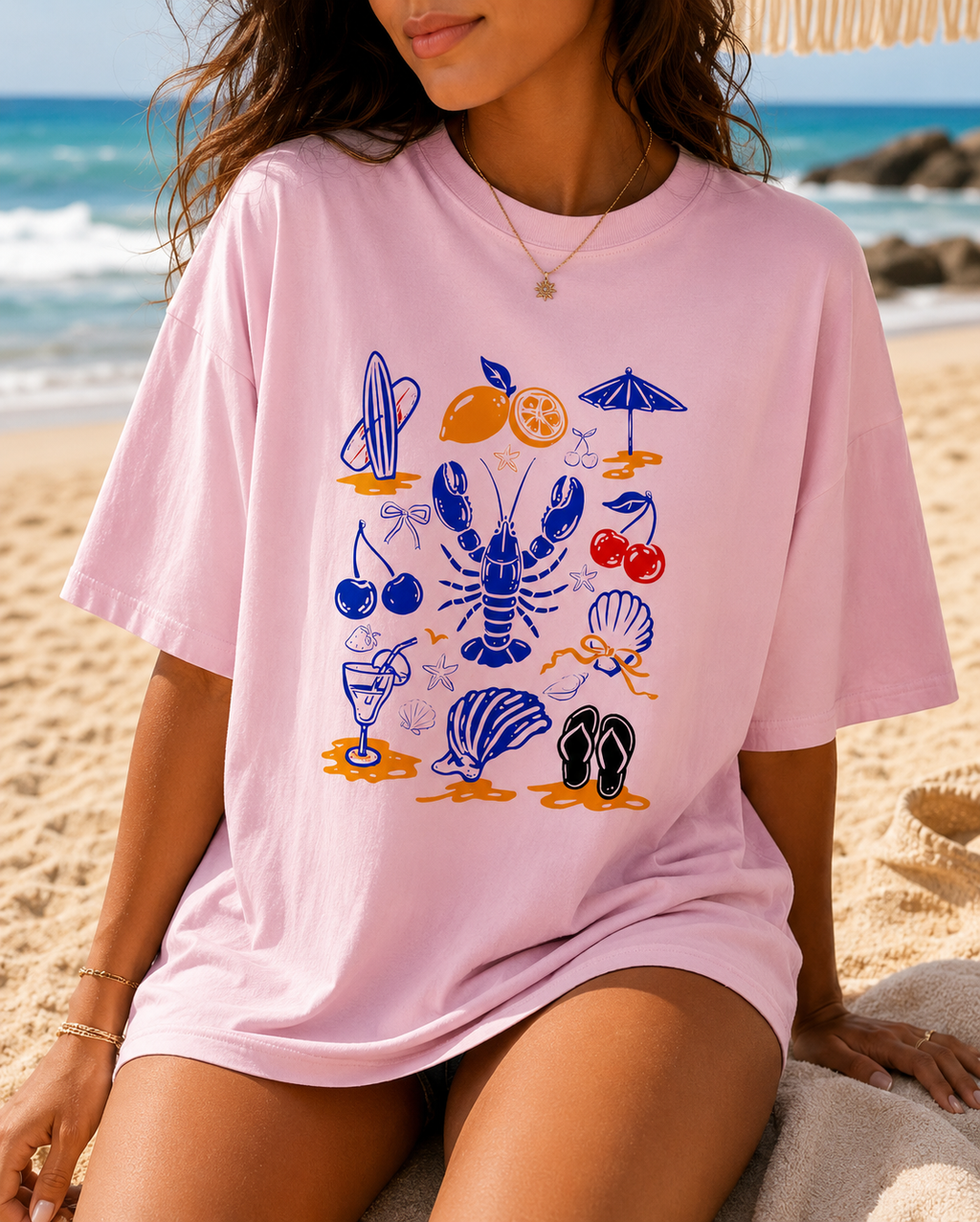 Coastal Lobster Graphic Tee | Beach Shirt for Women | Trendy Summer Vacation T-Shirt | Cute Coastal Aesthetic Tee