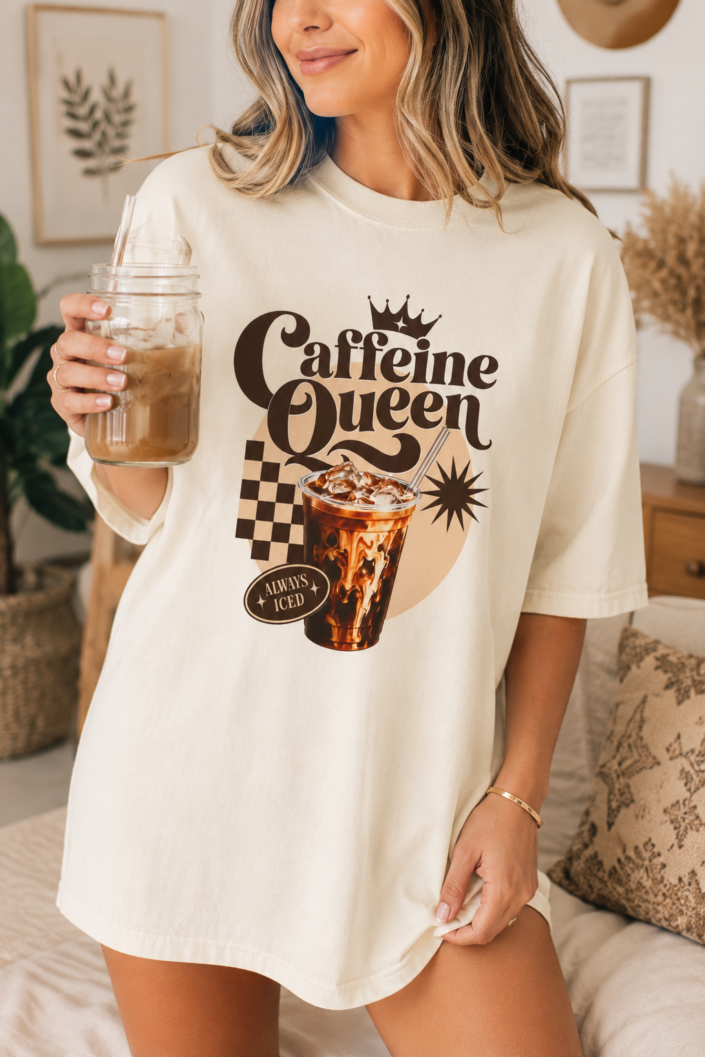 Caffeine Queen Graphic Tee | Trendy Retro Iced Coffee Shirt for Women | Aesthetic Coffee Lover T-Shirt | Comfort Colors Inspired Casual Outfit