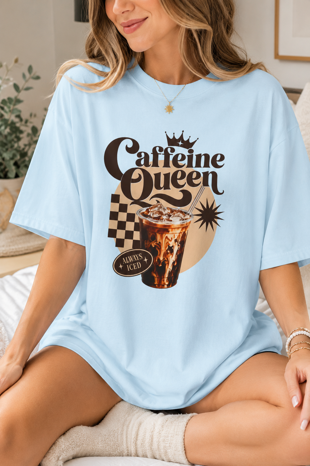 Caffeine Queen Graphic Tee | Trendy Retro Iced Coffee Shirt for Women | Aesthetic Coffee Lover T-Shirt | Comfort Colors Inspired Casual Outfit