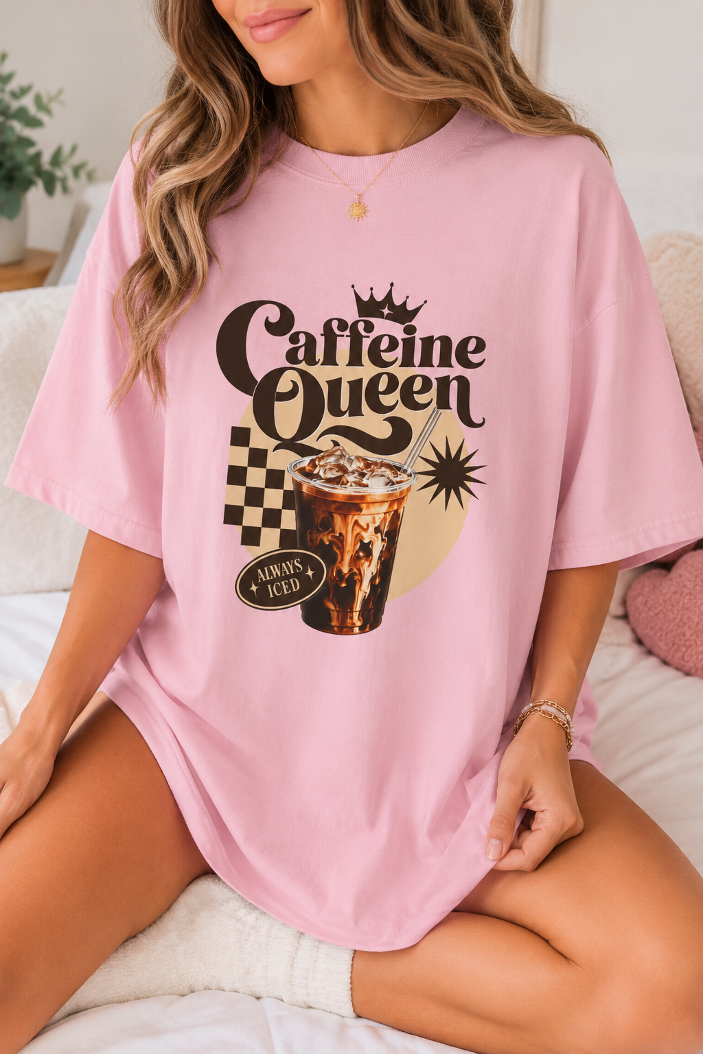 Caffeine Queen Graphic Tee | Trendy Retro Iced Coffee Shirt for Women | Aesthetic Coffee Lover T-Shirt | Comfort Colors Inspired Casual Outfit