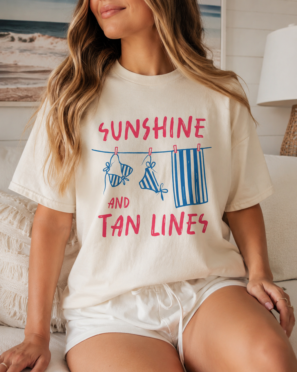 Sunshine And Tan Lines Beach Graphic Tee | Trendy Summer Vacation Shirt | Coastal Pink Oversized T-Shirt | Cute Beachy Summer Top