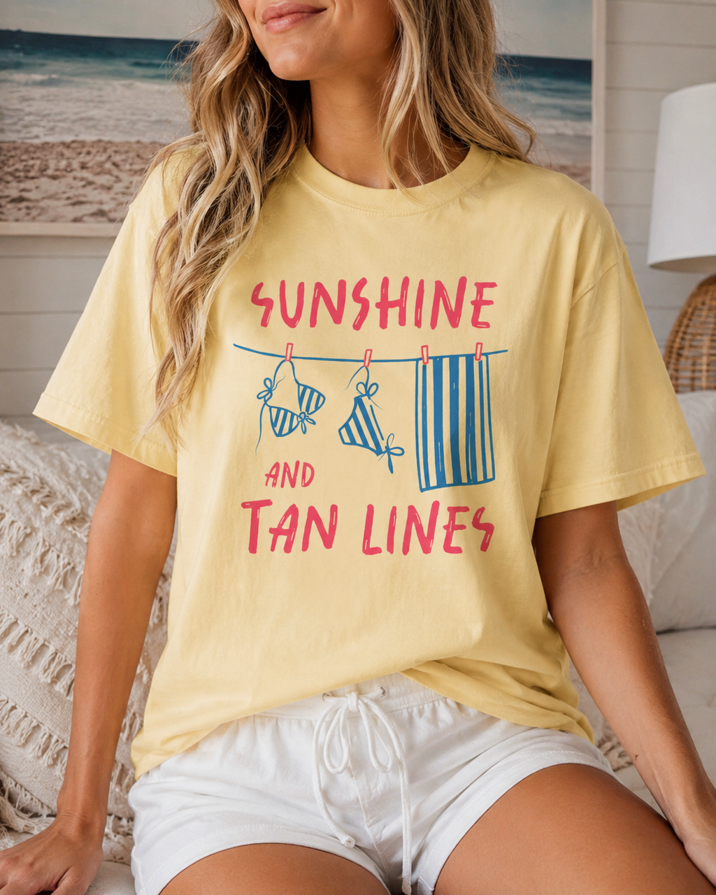 Sunshine And Tan Lines Beach Graphic Tee | Trendy Summer Vacation Shirt | Coastal Pink Oversized T-Shirt | Cute Beachy Summer Top