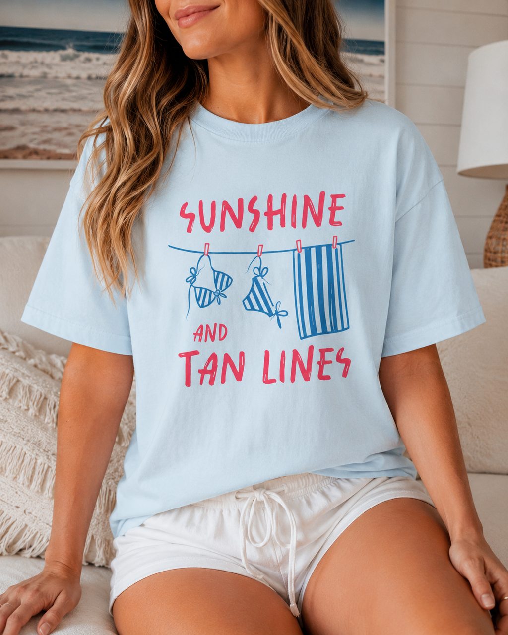 Sunshine And Tan Lines Beach Graphic Tee | Trendy Summer Vacation Shirt | Coastal Pink Oversized T-Shirt | Cute Beachy Summer Top