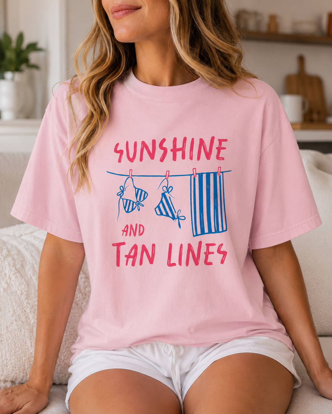 Sunshine And Tan Lines Beach Graphic Tee | Trendy Summer Vacation Shirt | Coastal Pink Oversized T-Shirt | Cute Beachy Summer Top