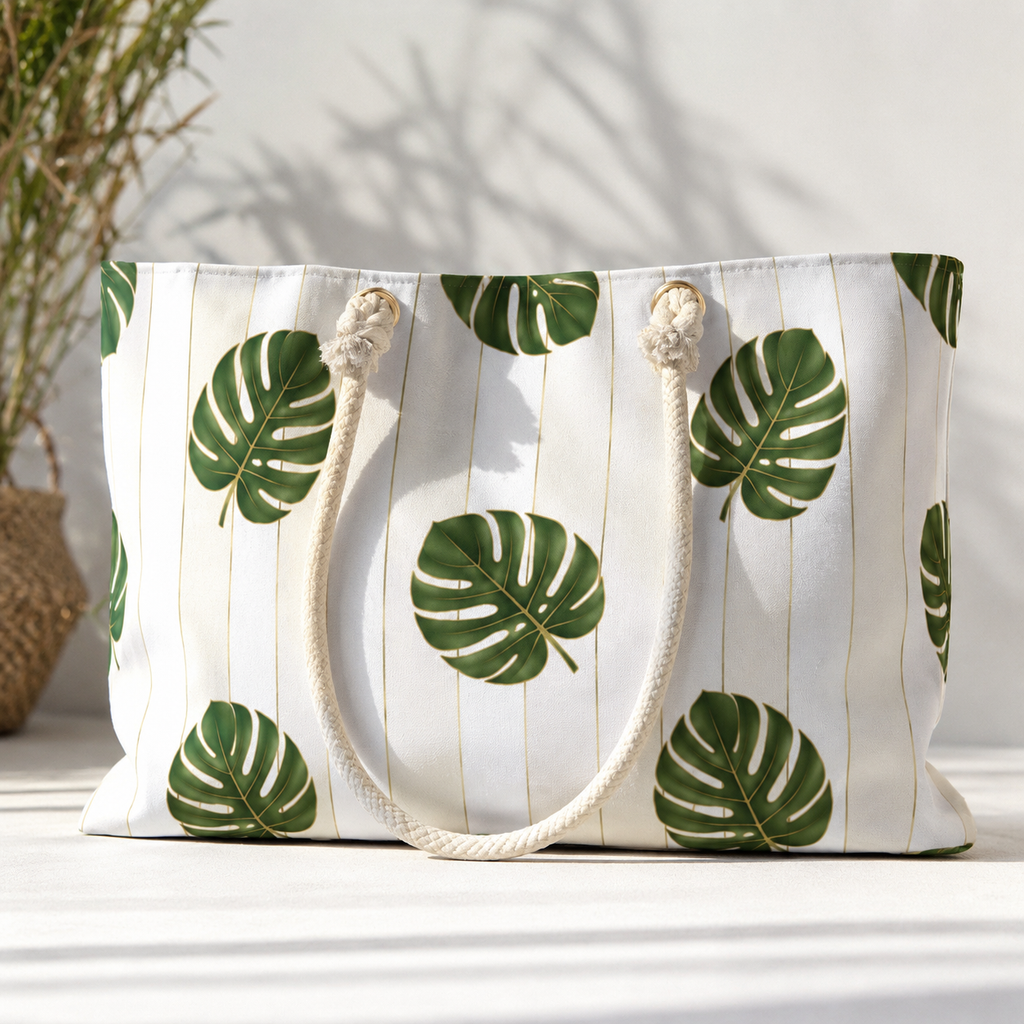 Tropical Monstera Weekender Bag | Large Beach Tote with Rope Handles | Coastal Travel Bag for Vacation | Pool & Weekend Getaways