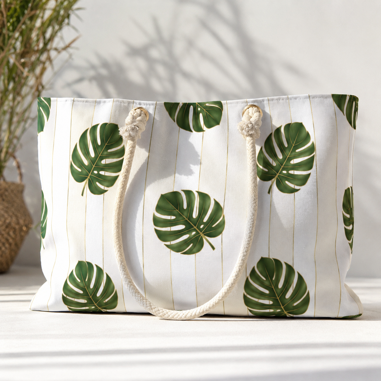 Tropical Monstera Weekender Bag | Large Beach Tote with Rope Handles | Coastal Travel Bag for Vacation | Pool & Weekend Getaways
