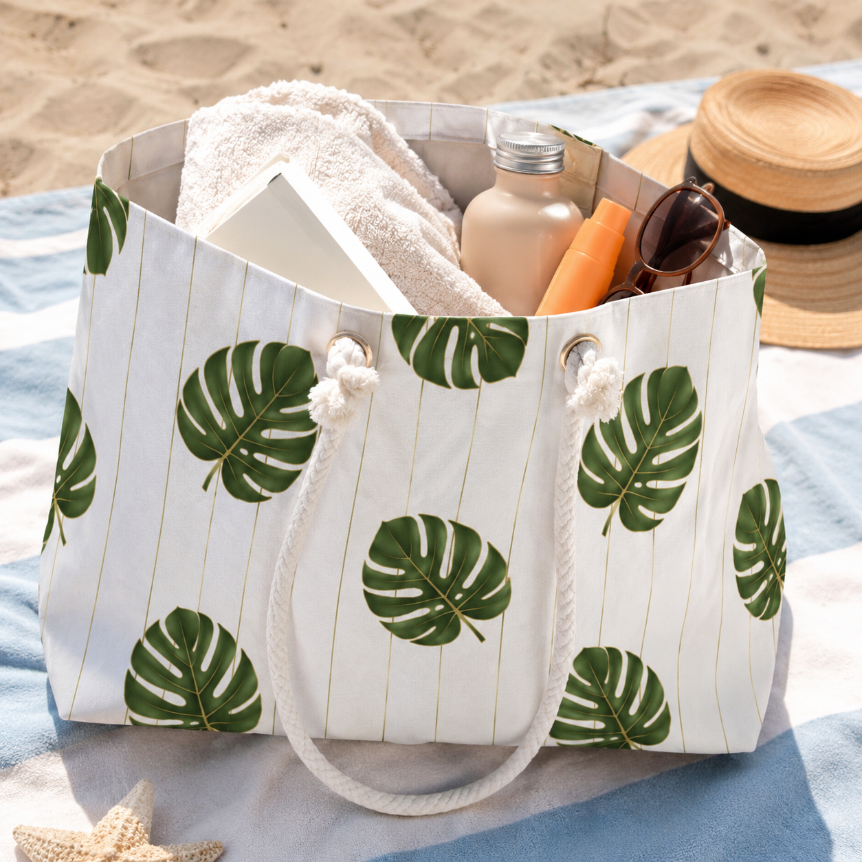 Tropical Monstera Weekender Bag | Large Beach Tote with Rope Handles | Coastal Travel Bag for Vacation | Pool & Weekend Getaways