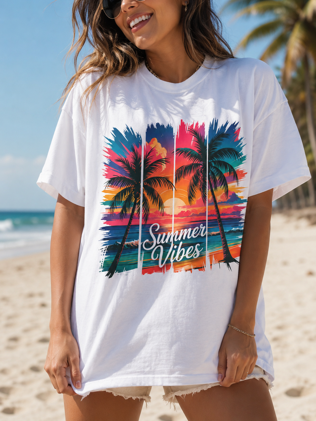 Summer Vibes Beach Graphic Tee | Oversized Coastal Sunset T-Shirt | Tropical Palm Tree Summer Shirt for Women | Vacation Beachwear Gift