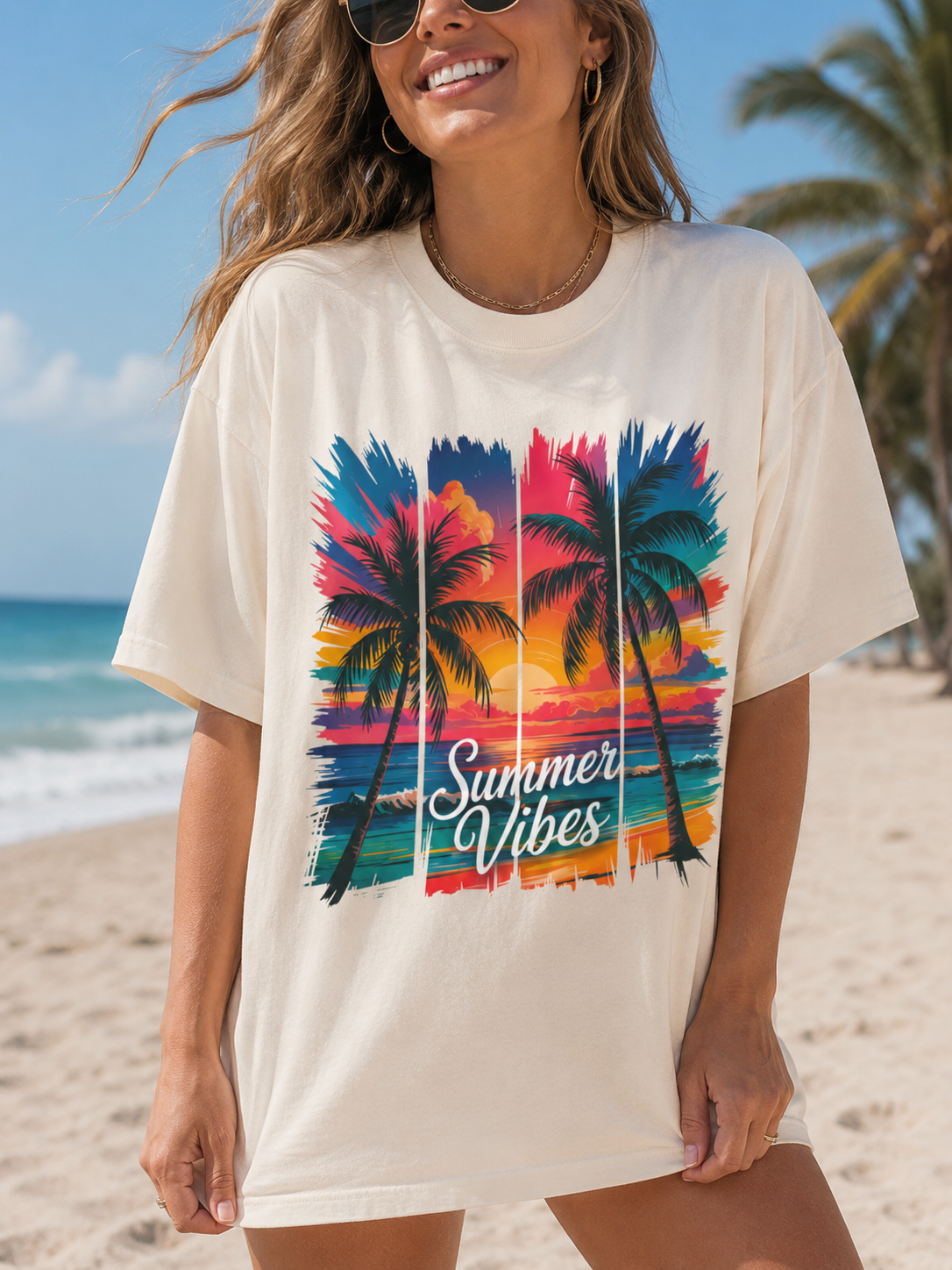 Summer Vibes Beach Graphic Tee | Oversized Coastal Sunset T-Shirt | Tropical Palm Tree Summer Shirt for Women | Vacation Beachwear Gift