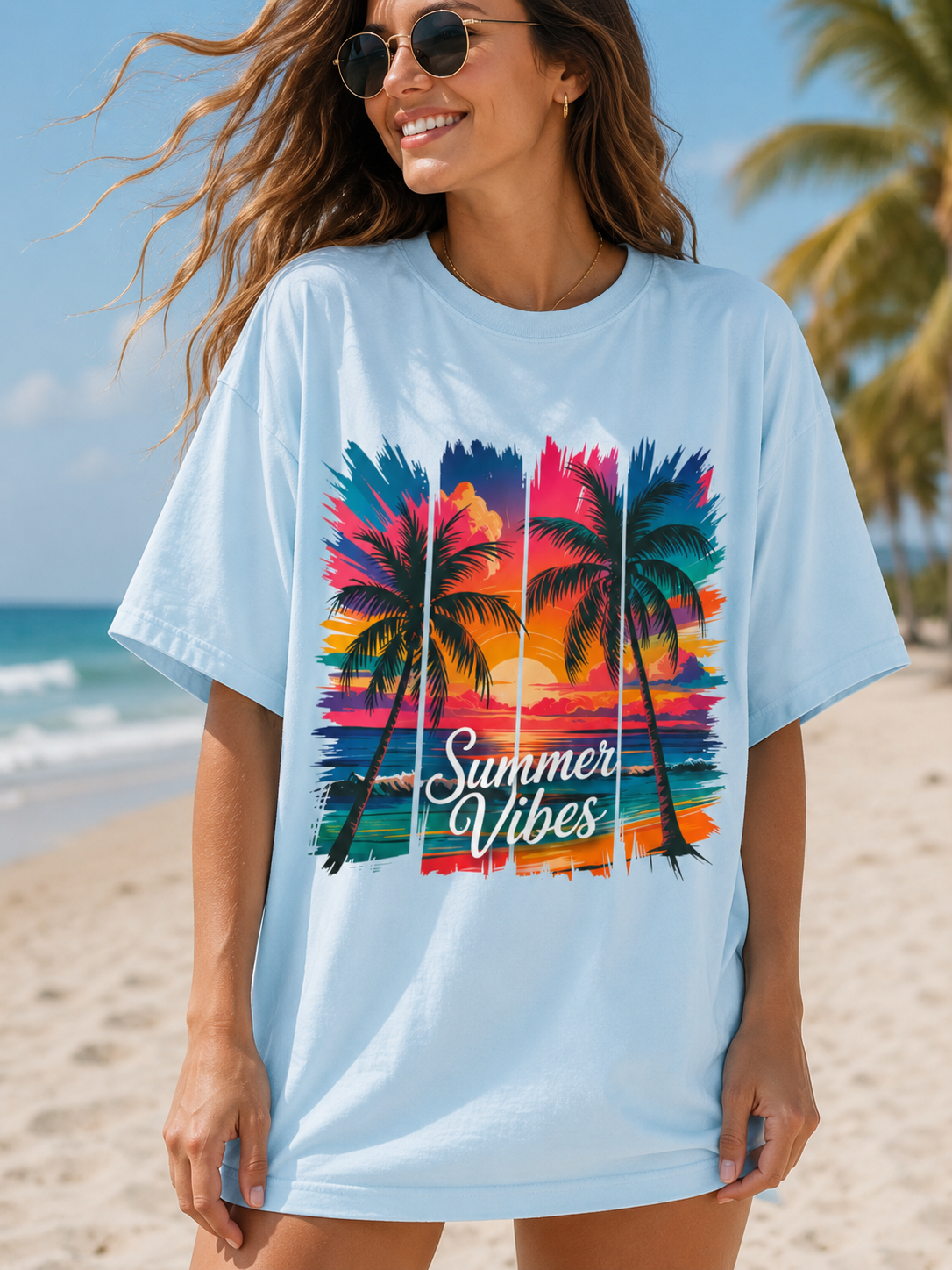 Summer Vibes Beach Graphic Tee | Oversized Coastal Sunset T-Shirt | Tropical Palm Tree Summer Shirt for Women | Vacation Beachwear Gift