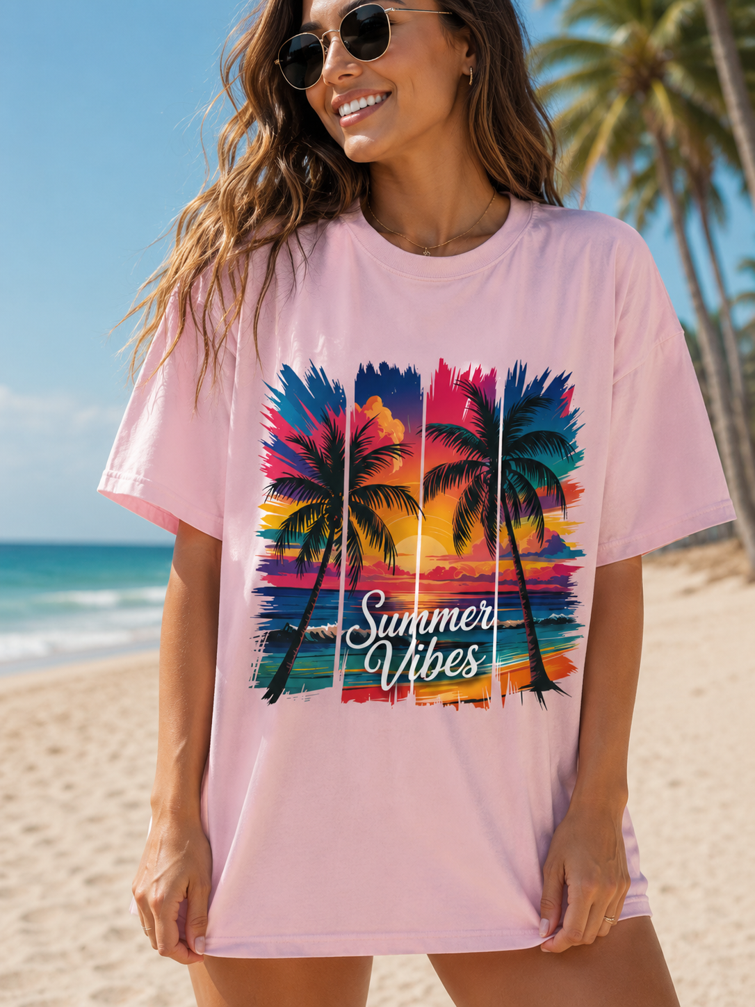 Summer Vibes Beach Graphic Tee | Oversized Coastal Sunset T-Shirt | Tropical Palm Tree Summer Shirt for Women | Vacation Beachwear Gift