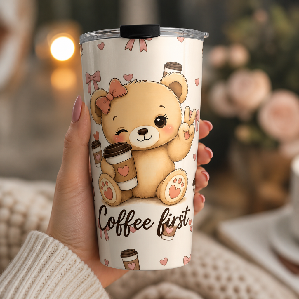 Cute Teddy Bear Coffee Tumbler | Coquette Bow Aesthetic Iced Coffee Cup | Girly 20oz Travel Mug | Coffee Lover Gift | Insulated Travel Cup for Coffee Lovers