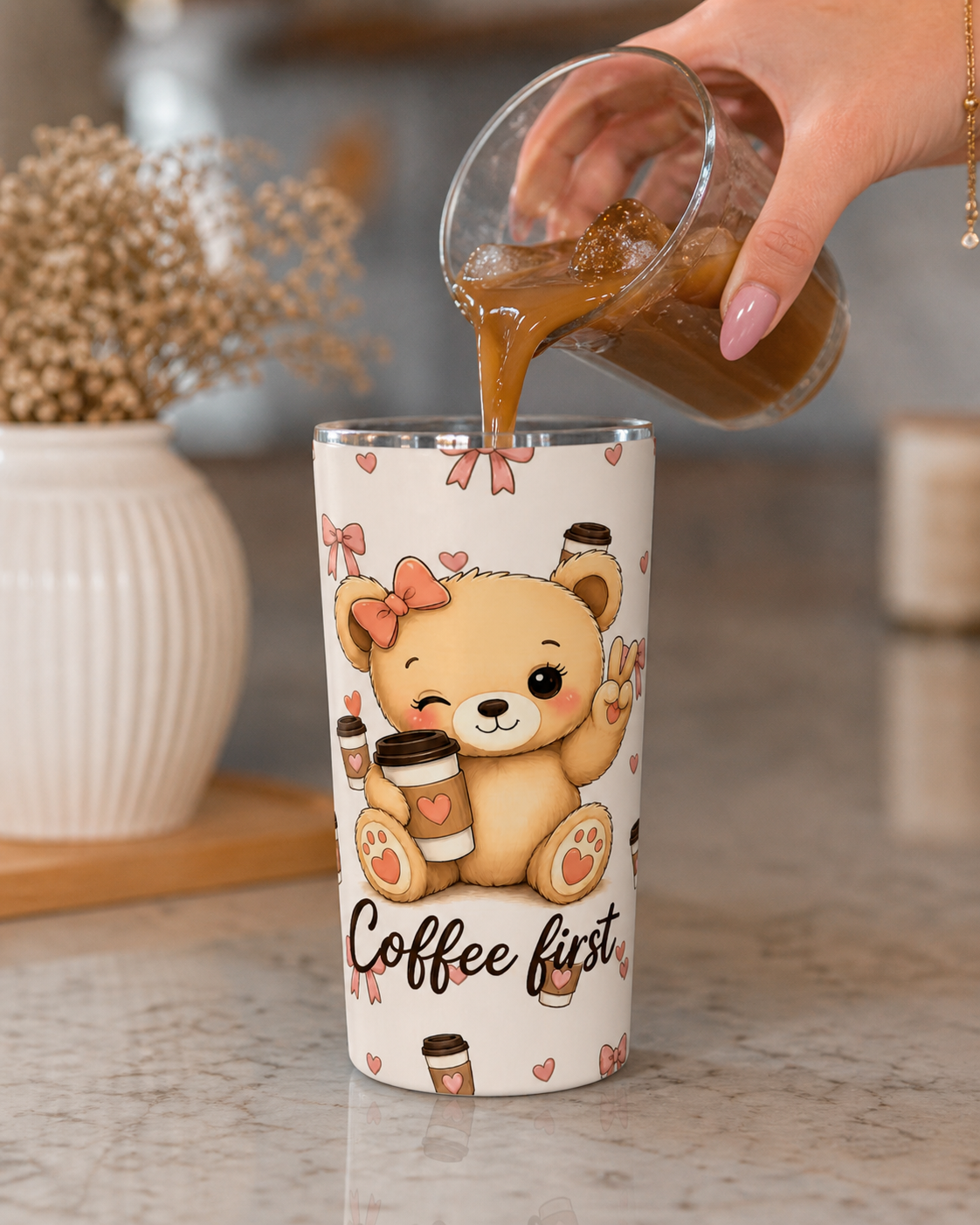 Cute Teddy Bear Coffee Tumbler | Coquette Bow Aesthetic Iced Coffee Cup | Girly 20oz Travel Mug | Coffee Lover Gift | Insulated Travel Cup for Coffee Lovers