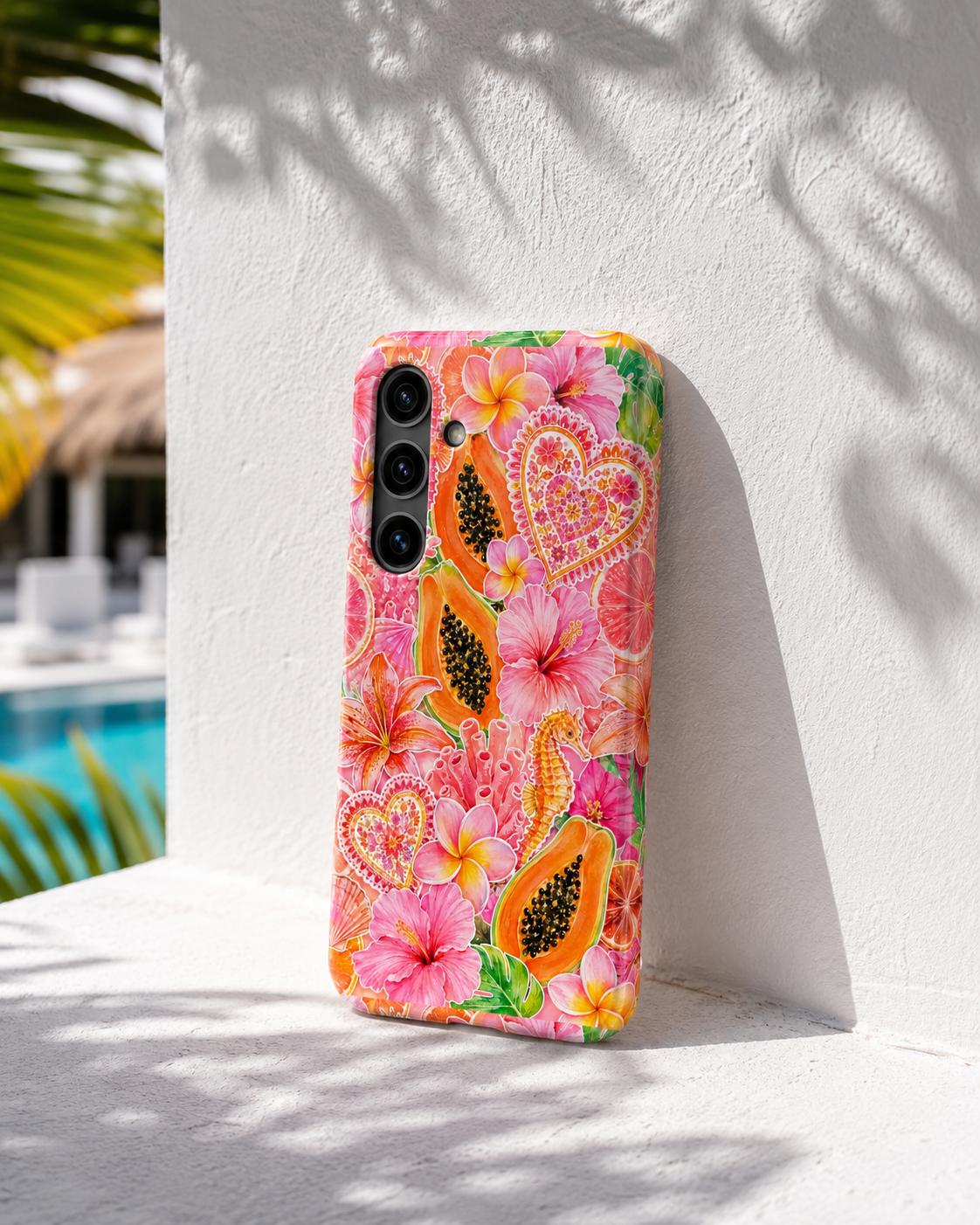 Tropical Hibiscus Papaya Phone Case | Pink Floral Beach Aesthetic Tough Case for iPhone & Samsung