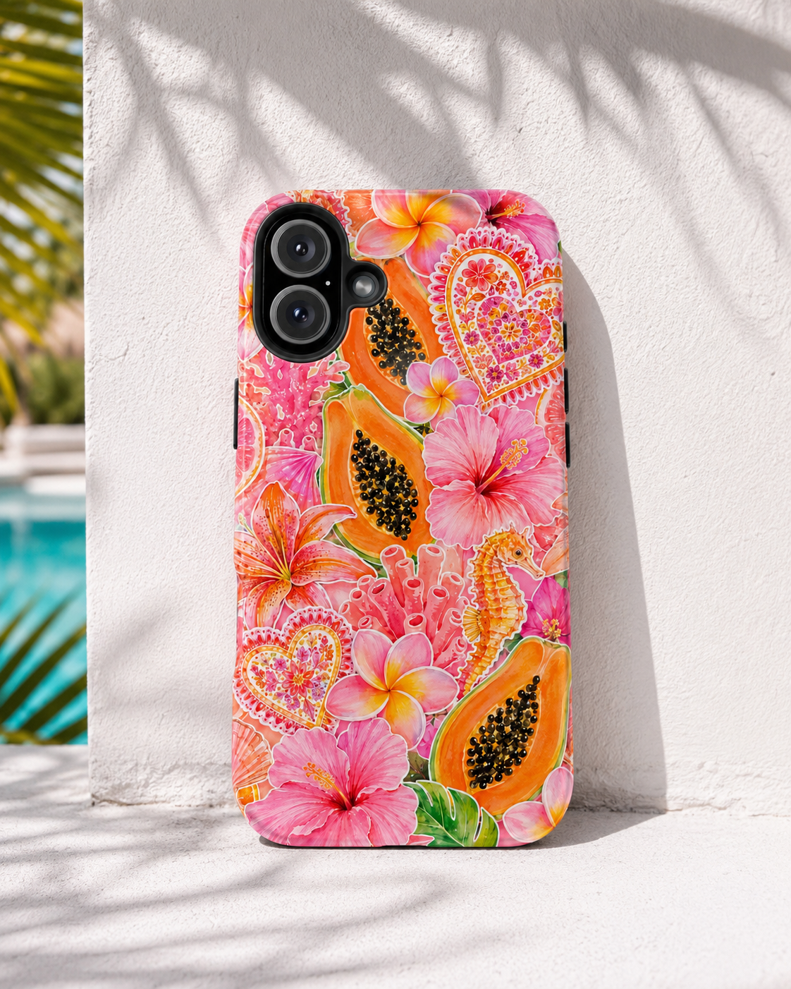 Tropical Hibiscus Papaya Phone Case | Pink Floral Beach Aesthetic Tough Case for iPhone & Samsung