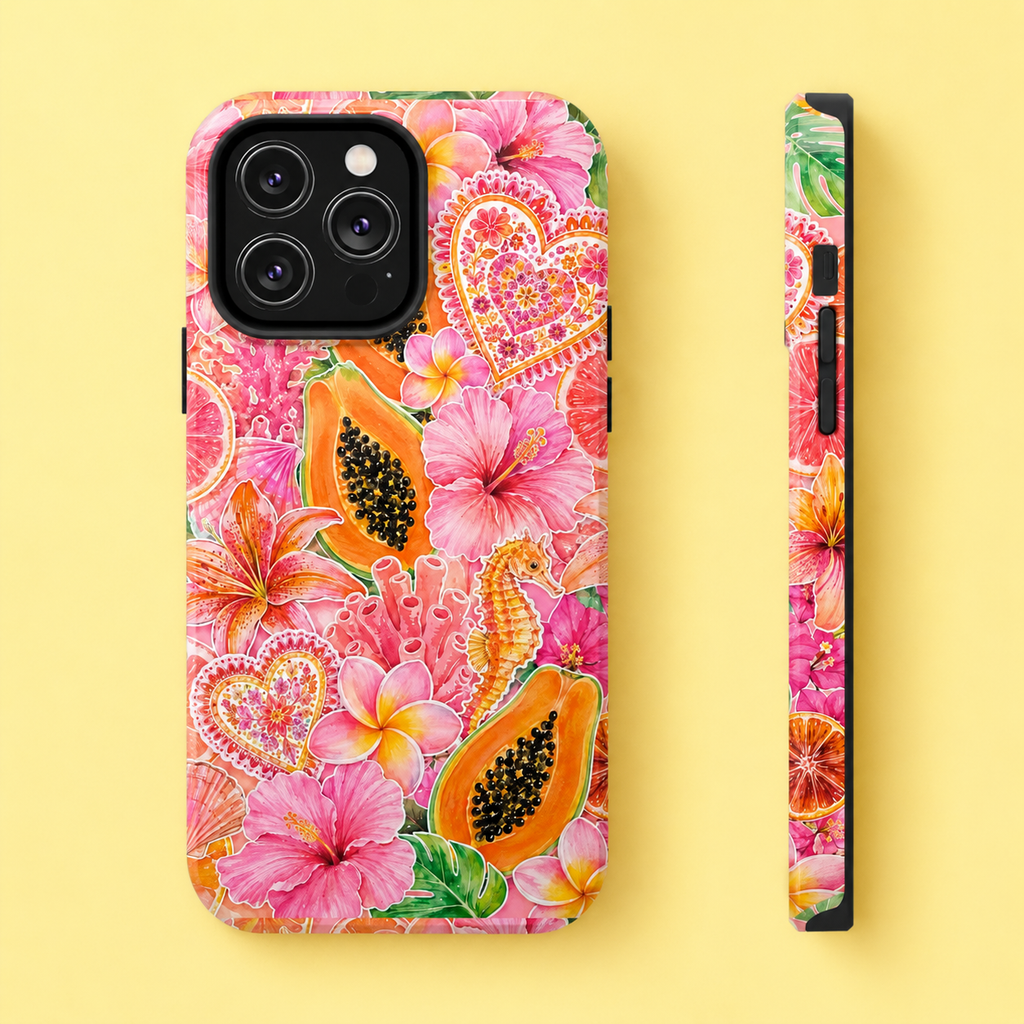Tropical Hibiscus Papaya Phone Case | Pink Floral Beach Aesthetic Tough Case for iPhone & Samsung
