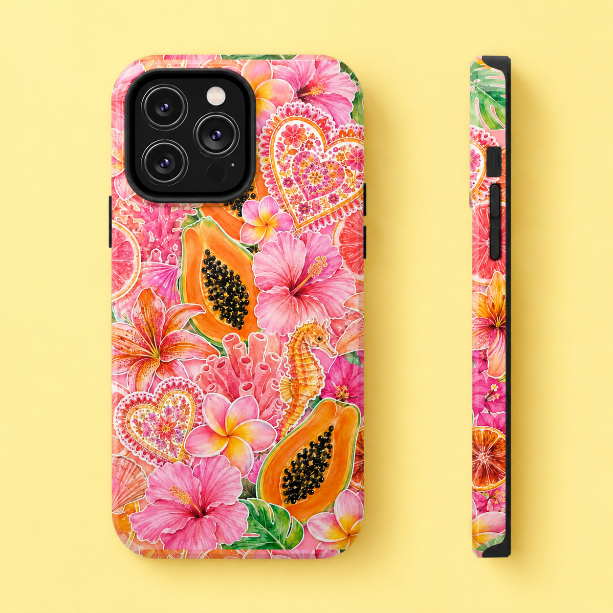 Tropical Hibiscus Papaya Phone Case | Pink Floral Beach Aesthetic Tough Case for iPhone & Samsung