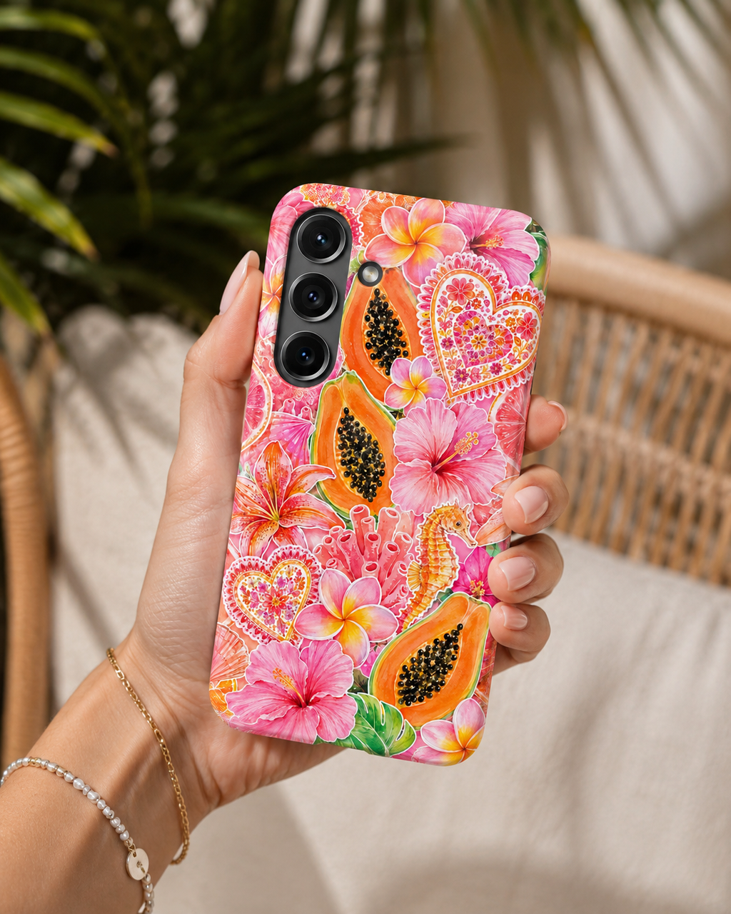Tropical Hibiscus Papaya Phone Case | Pink Floral Beach Aesthetic Tough Case for iPhone & Samsung