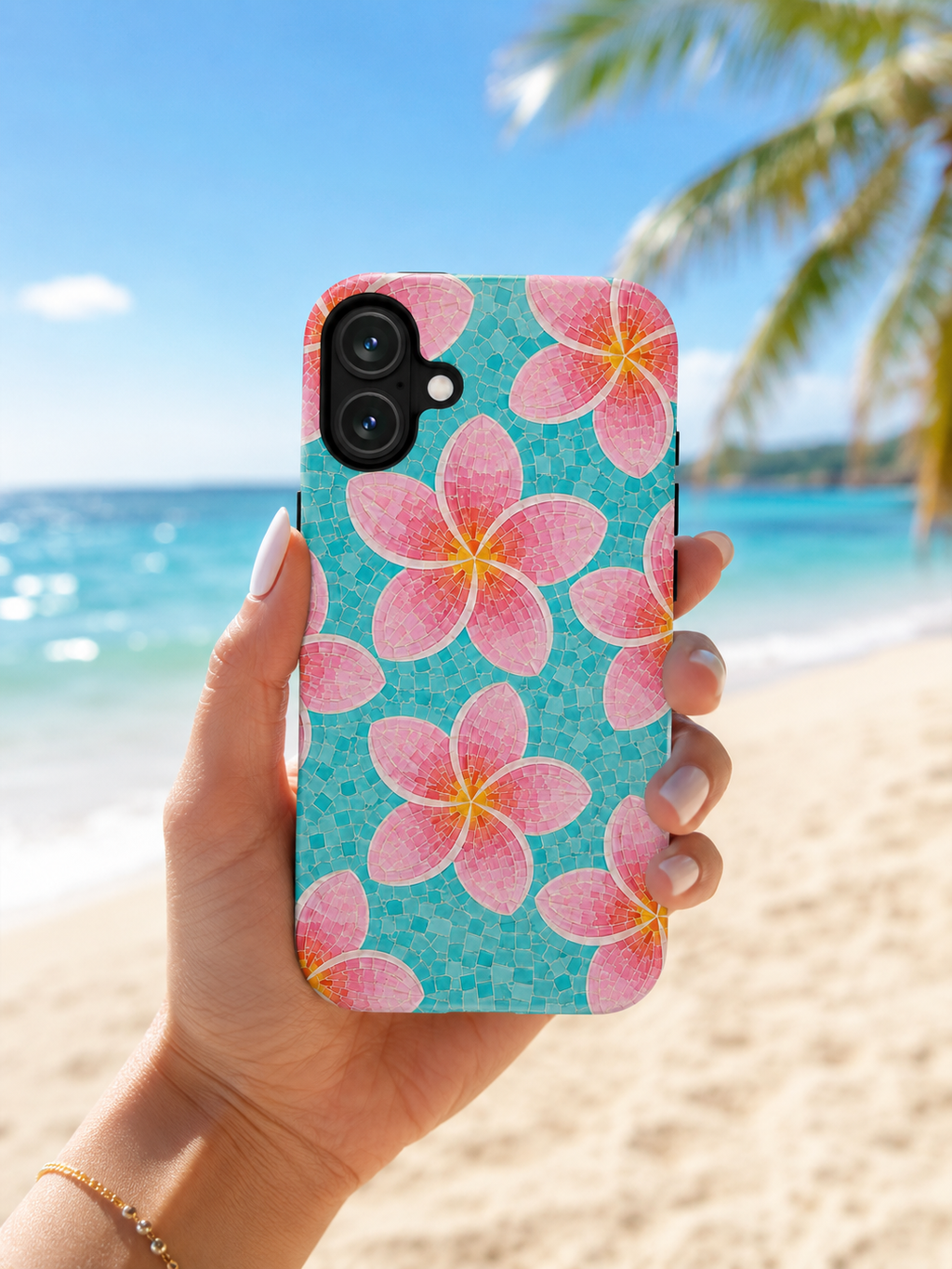 Pink Plumeria Faux Mosaic Phone Case | Tropical Floral Aqua iPhone & Samsung Galaxy Case | Beachy Summer Protective Cover